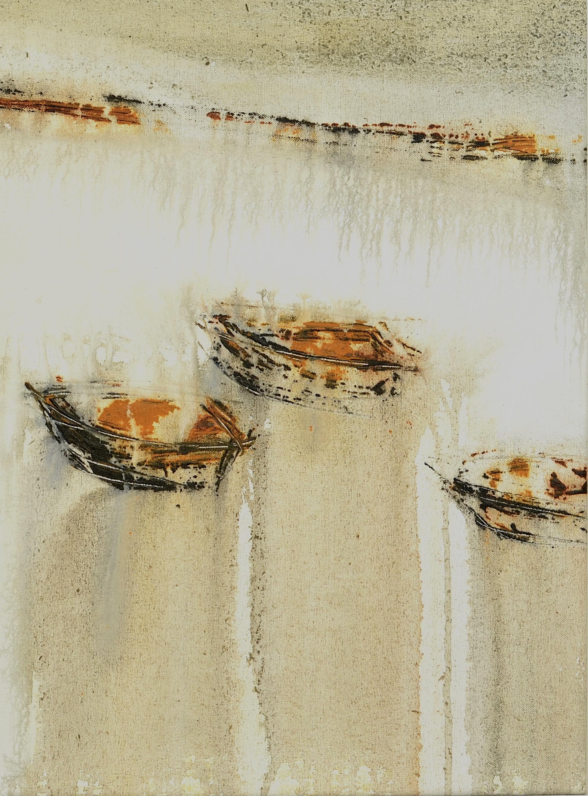 Patterson  Boats on the Shore. acrylic painting - Neo-Expressionist Painting by PATTERSON, Yendris