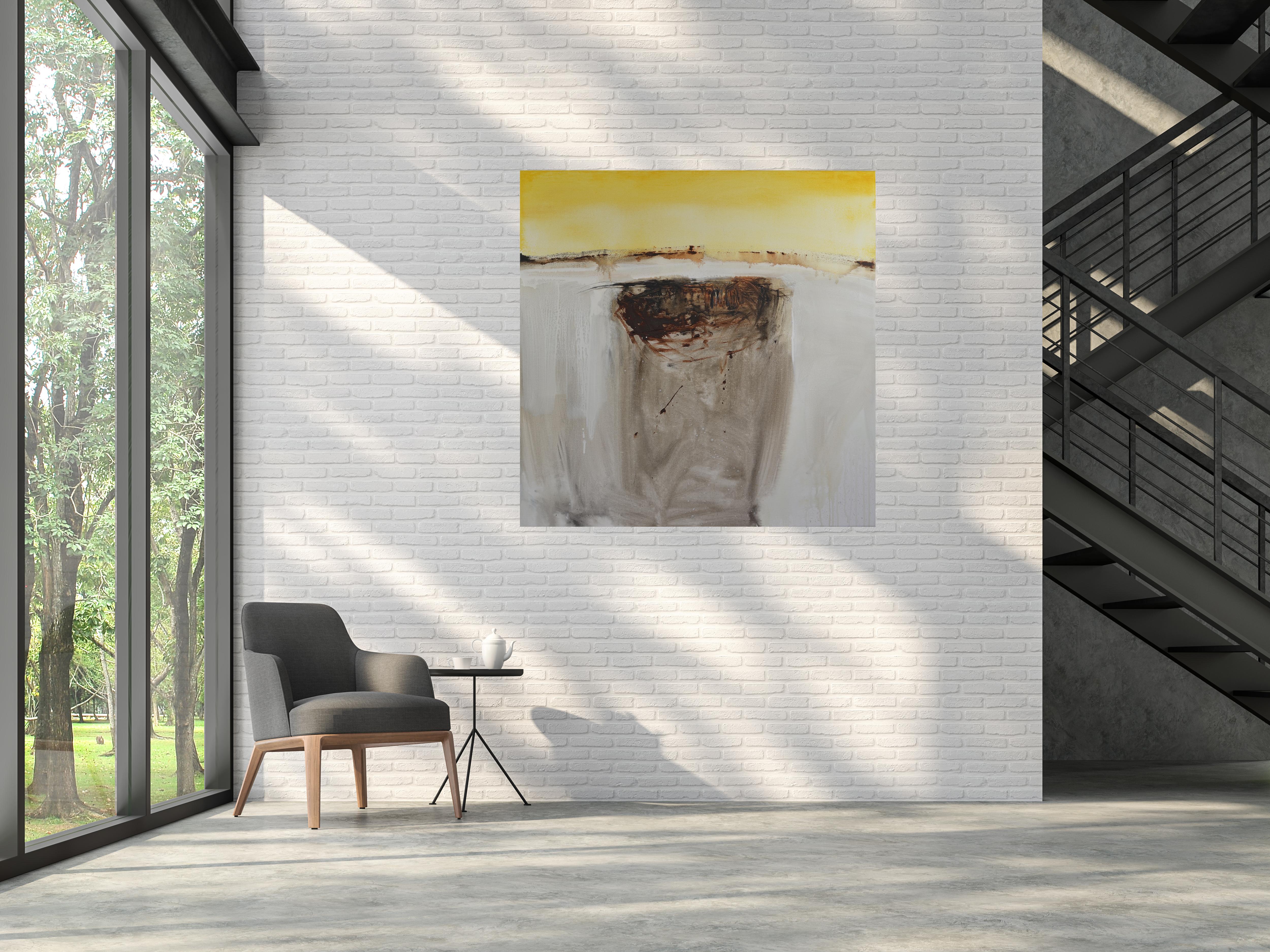 Patterson. Carré Jaune. Marron. Navire. peinture acrylique en vente 1