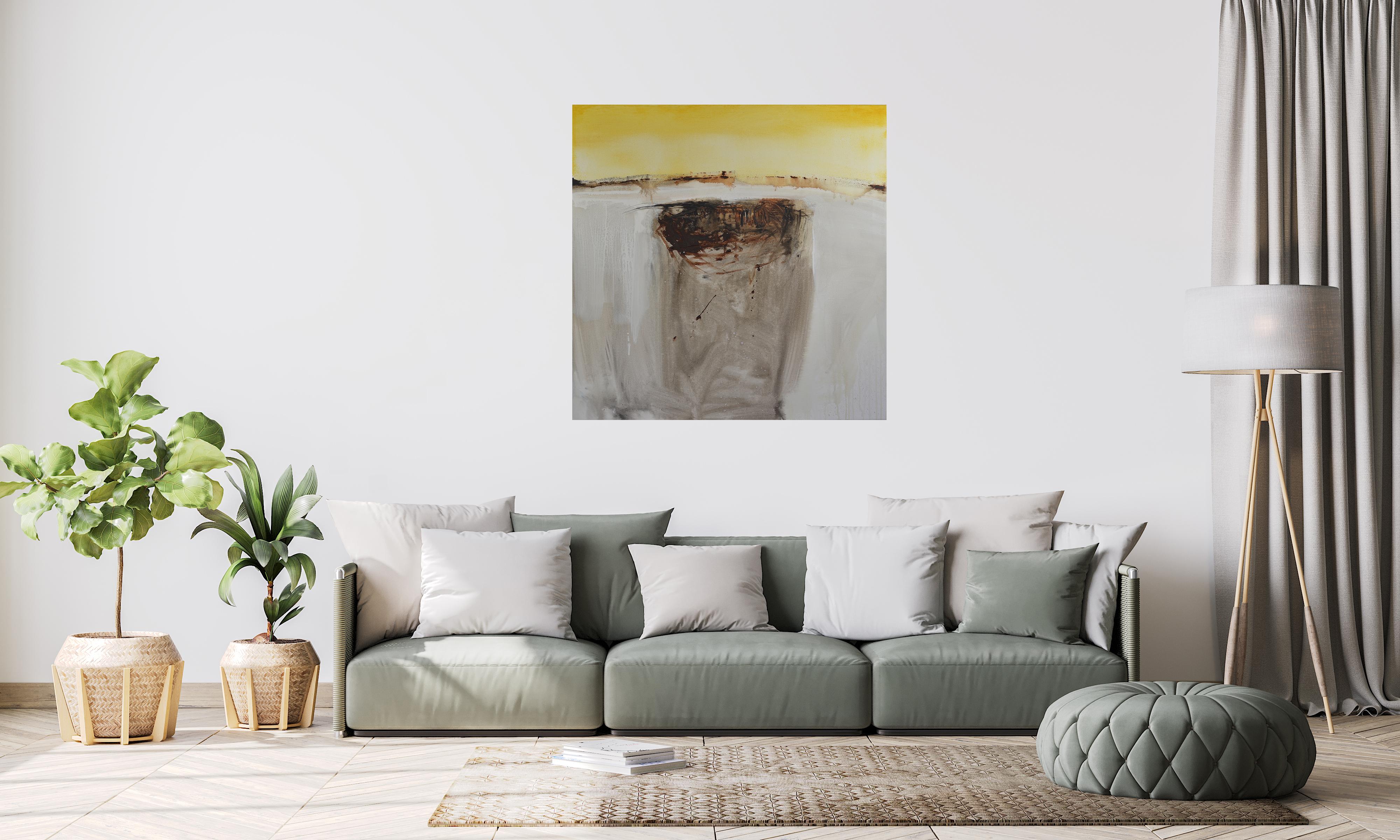 Patterson. Carré Jaune. Marron. Navire. peinture acrylique en vente 2