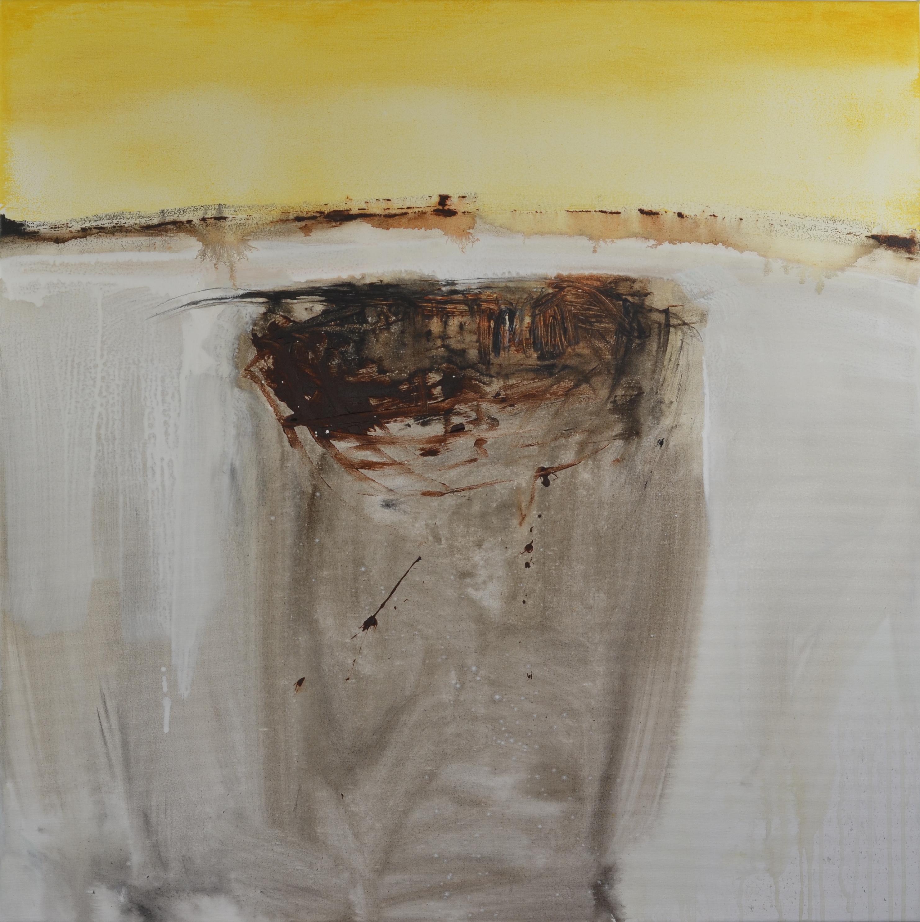 PATTERSON, Yendris Abstract Painting - Patterson. Square Yellow. Brown. Ship. acrylic painting