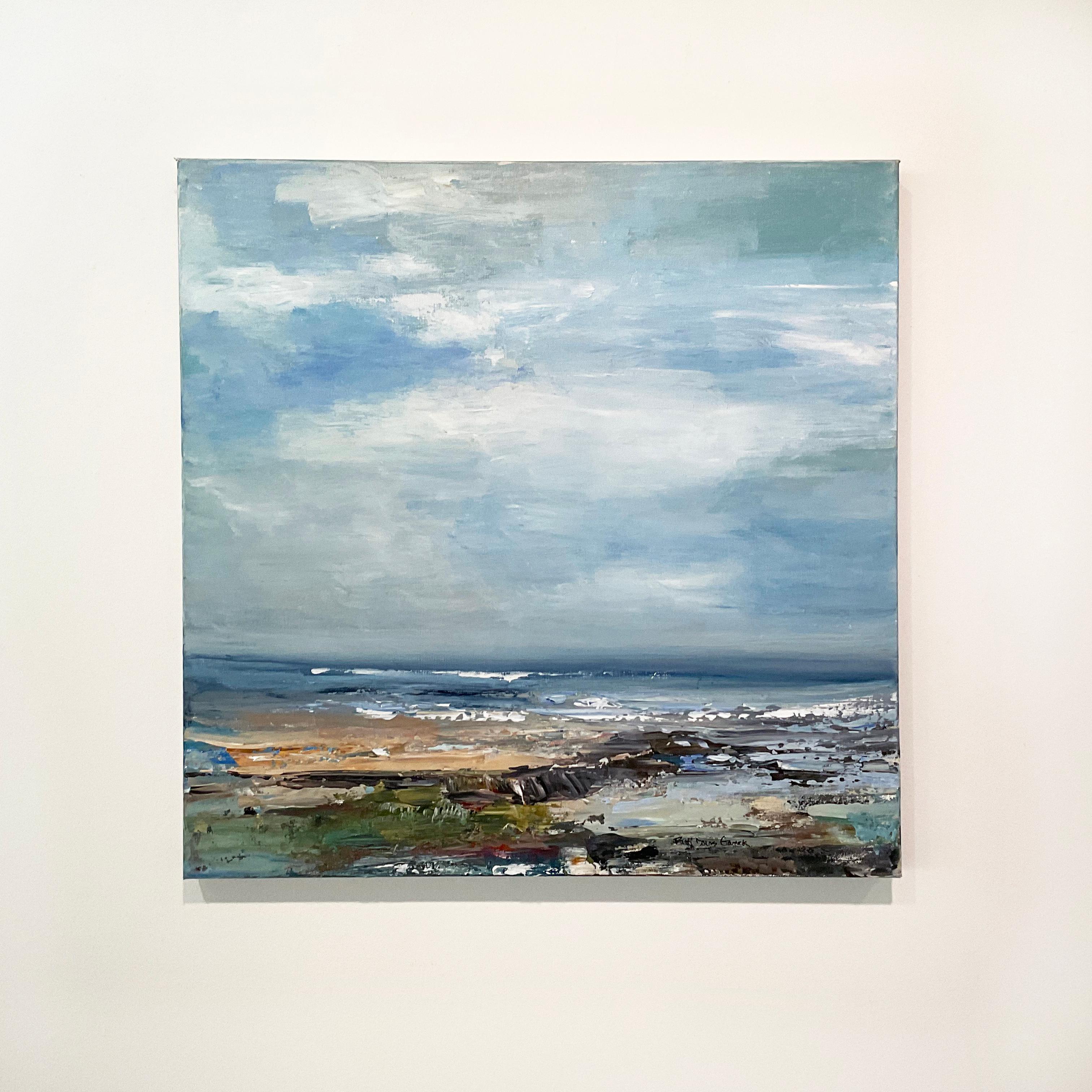 In Beyond the Blues, Patti Davis Ganek captures the expansive calm of the shoreline with her signature blend of abstraction and impressionism. Layered oil strokes evoke shifting tides and breezy skies, blending earthy textures with luminous cool