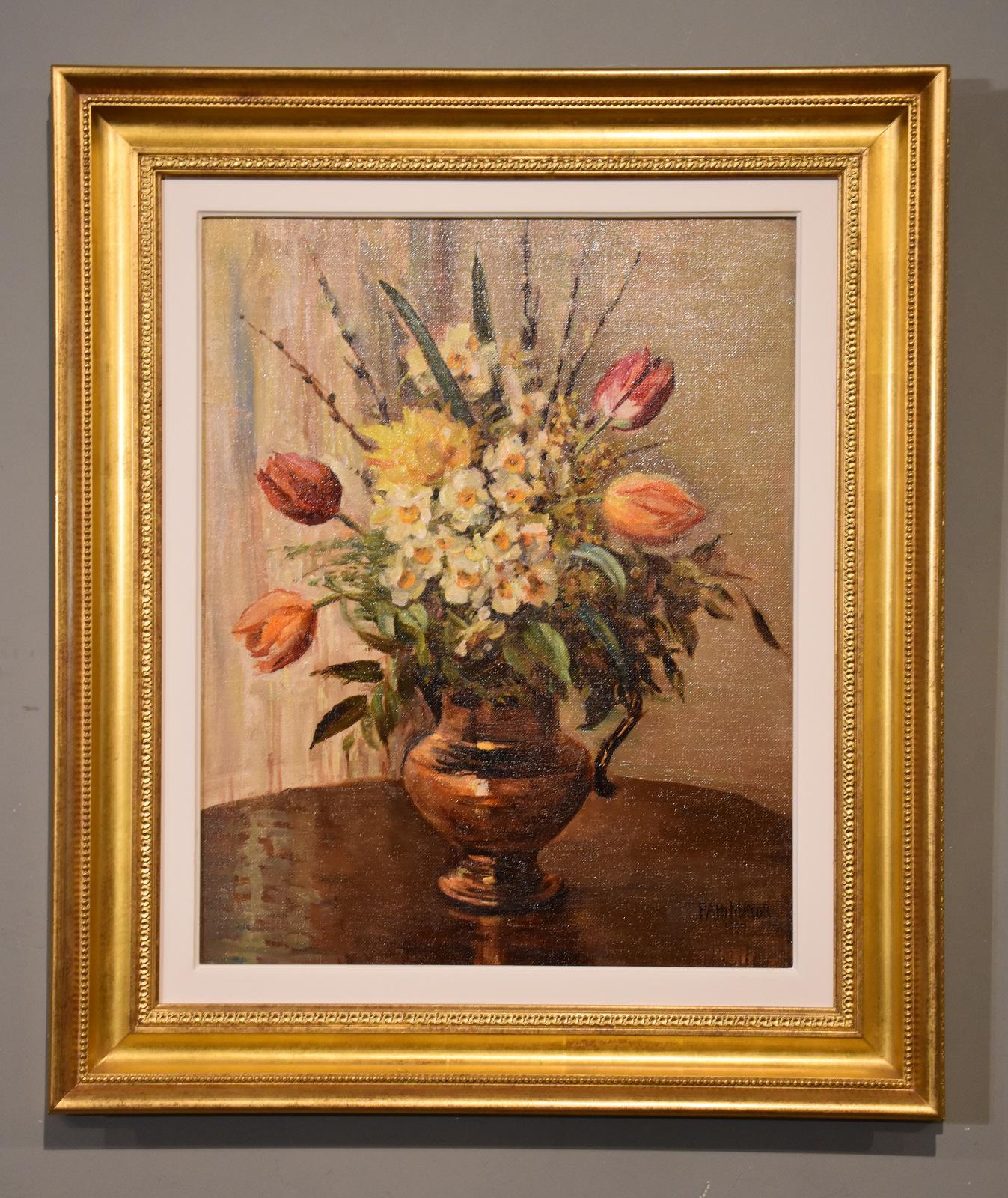 Oil Painting by Patti Mayor "Flowers" 1872 - 1962 Martha Anne Mayor was born in Preston and studied at the Slade school of Art. She exhibited at the London salon and Liverpool. Oil on board. Signed and dated 1937

Dimensions unframed:
height 22" x