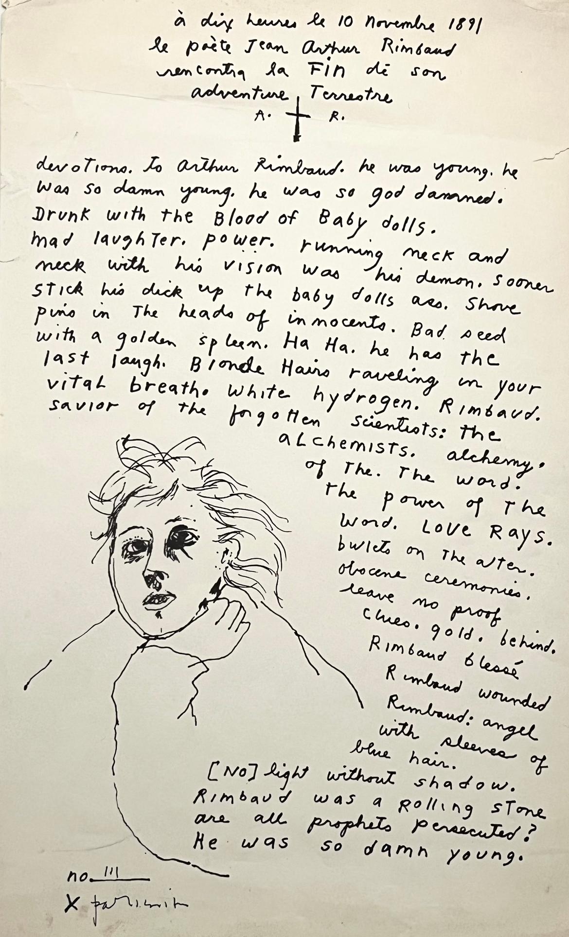 Patti Smith Andacht zu Arthur Rimbaud 1973:
Ein seltener früher Druck von Patti Smith, der ihre Poesie und Kunstwerke zeigt; von Smith als eine Erklärung ihrer Bewunderung und Liebe für Arthur Rimbaud geschaffen - den berühmten französischen