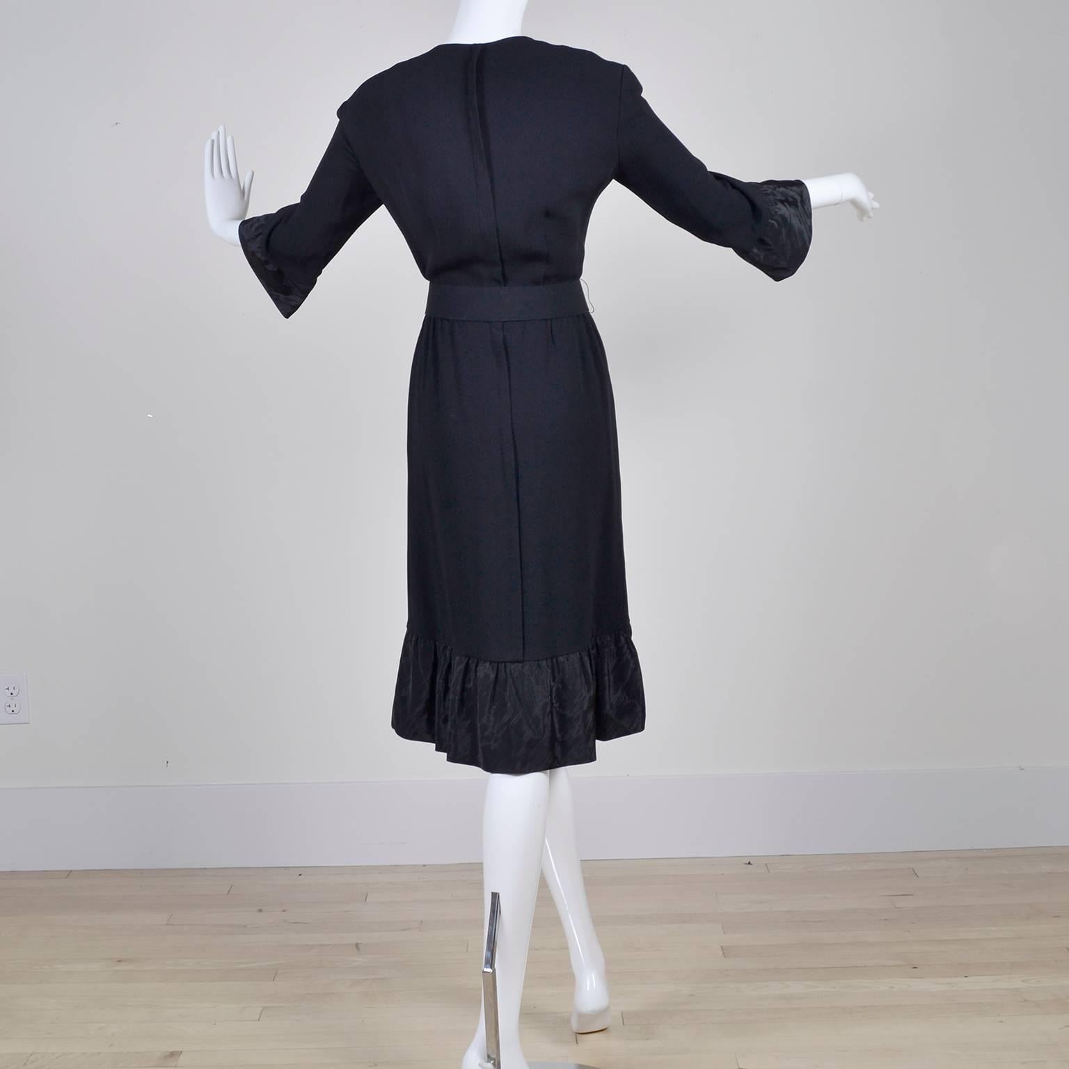 Pattullo-Jo Copeland Late 1960s Black Crepe Dress W Bow Belt and Taffeta Ruffles In Excellent Condition For Sale In Portland, OR