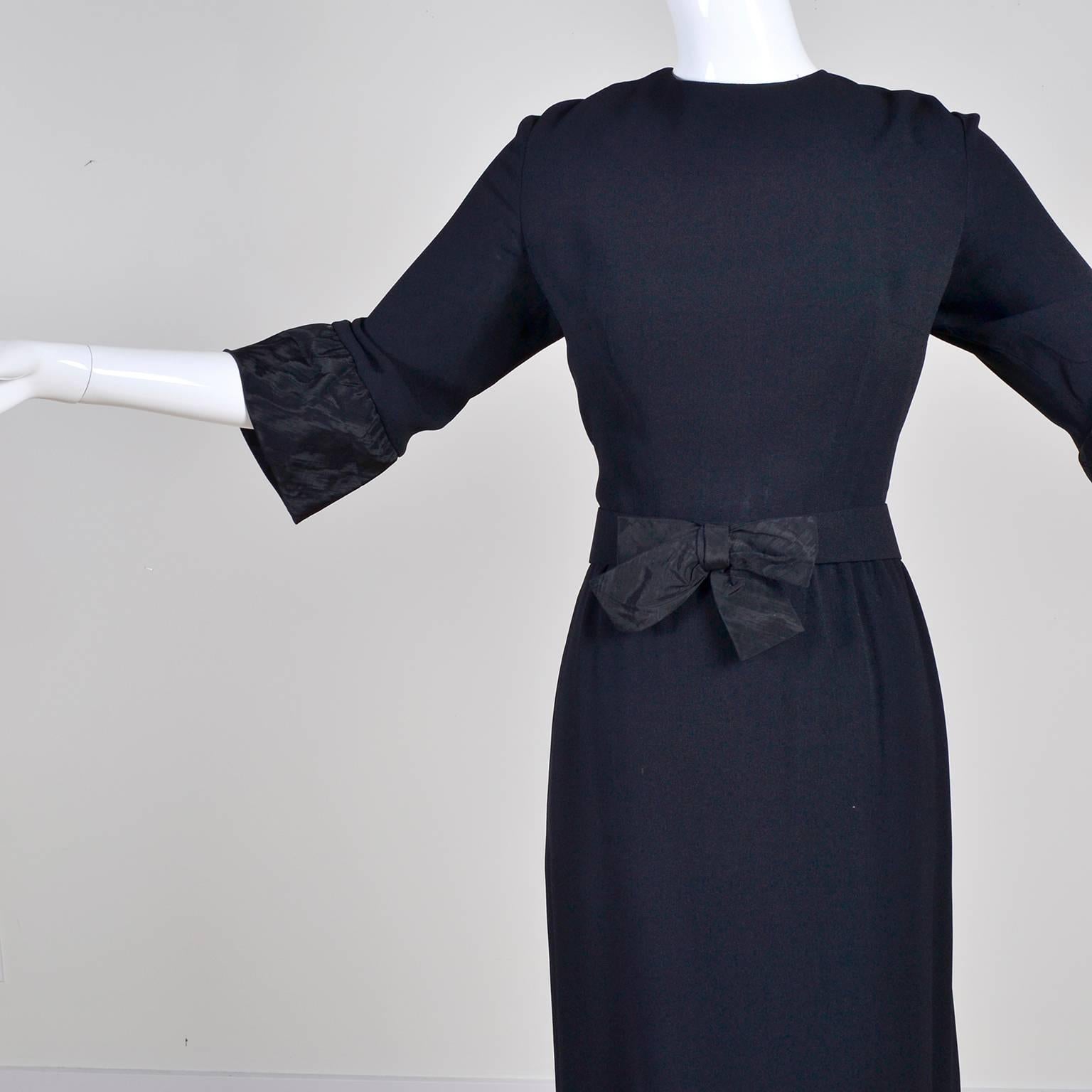 Women's Pattullo-Jo Copeland Late 1960s Black Crepe Dress W Bow Belt and Taffeta Ruffles For Sale