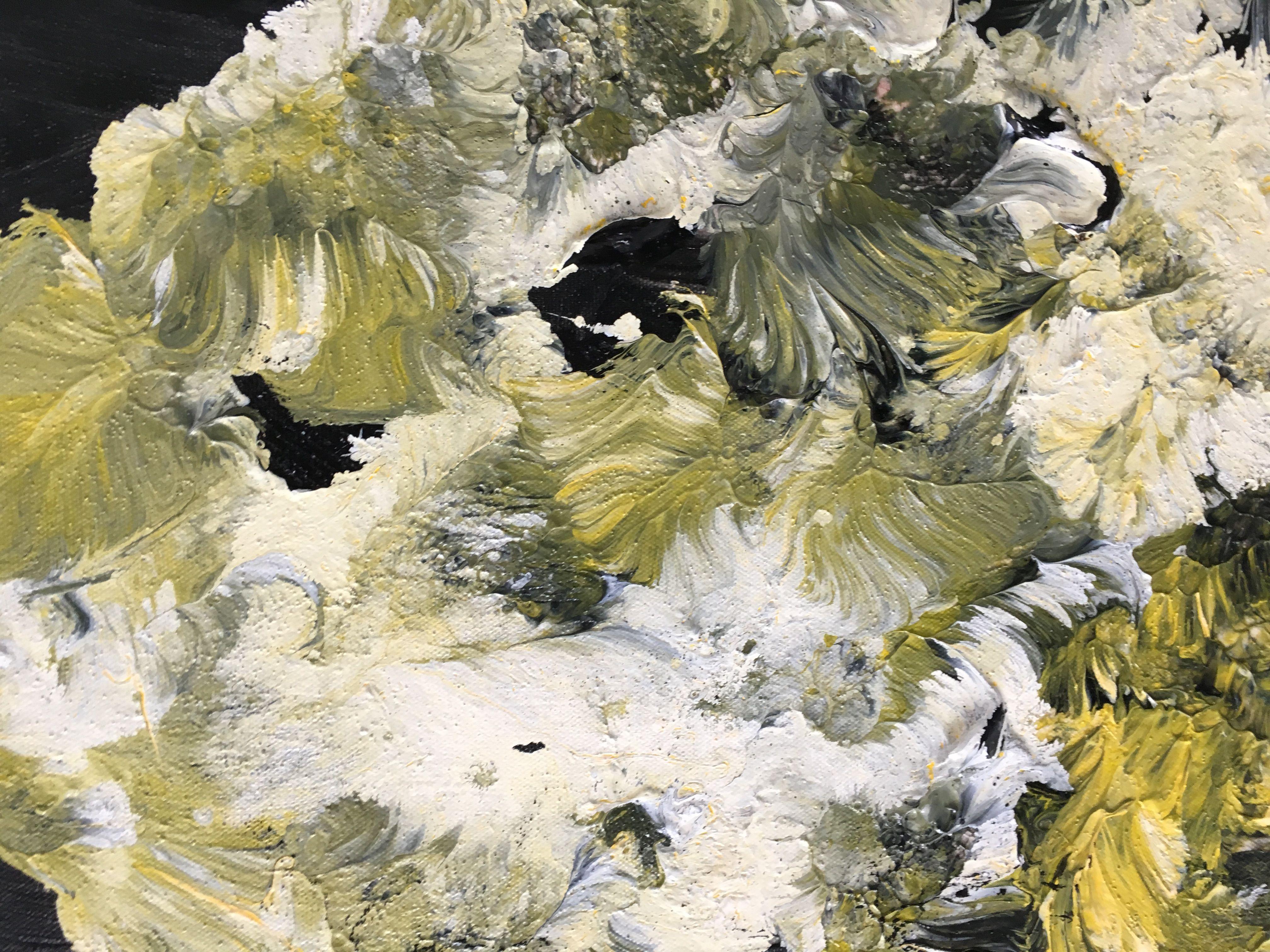 This painting is heavy bodied and was painted in fluid motion.  In one direction, you can find several abstract faces of polar bears or wolves at the top of the painting. In the other direction, it looks like there is  another animal. Its's edges
