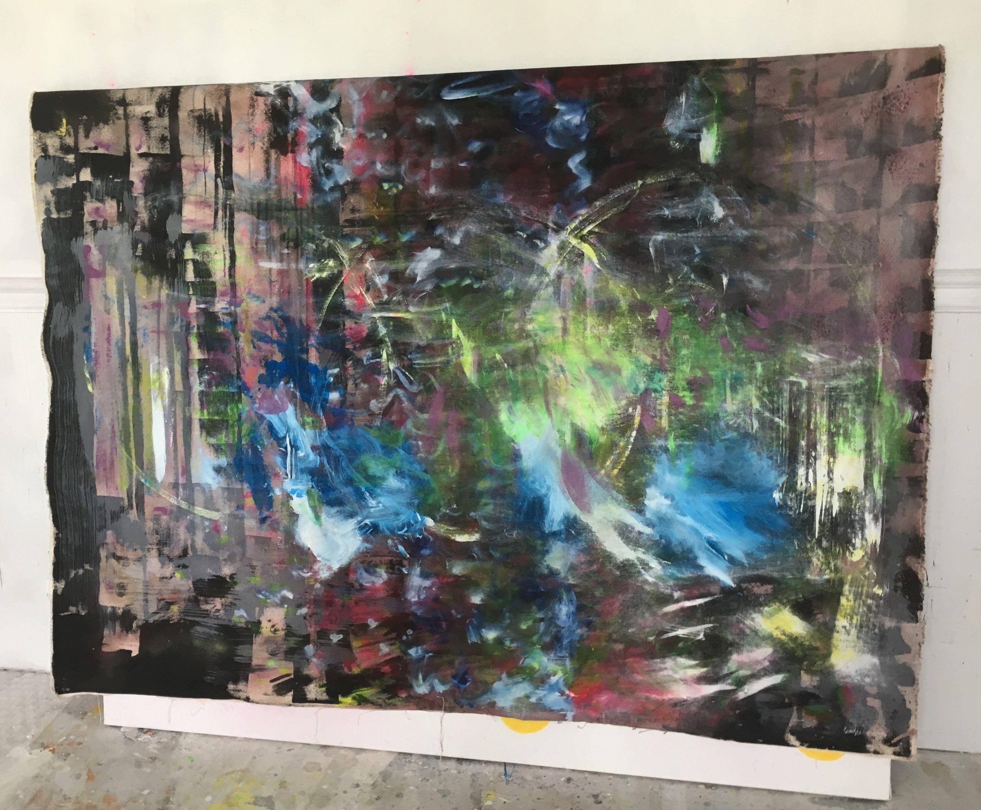 This painting took several different passes.  It has break throughs of unprimed raw canvas throughout.  It ships unstretched in a tube and is signed on the back. :: Painting :: Abstract :: This piece comes with an official certificate of