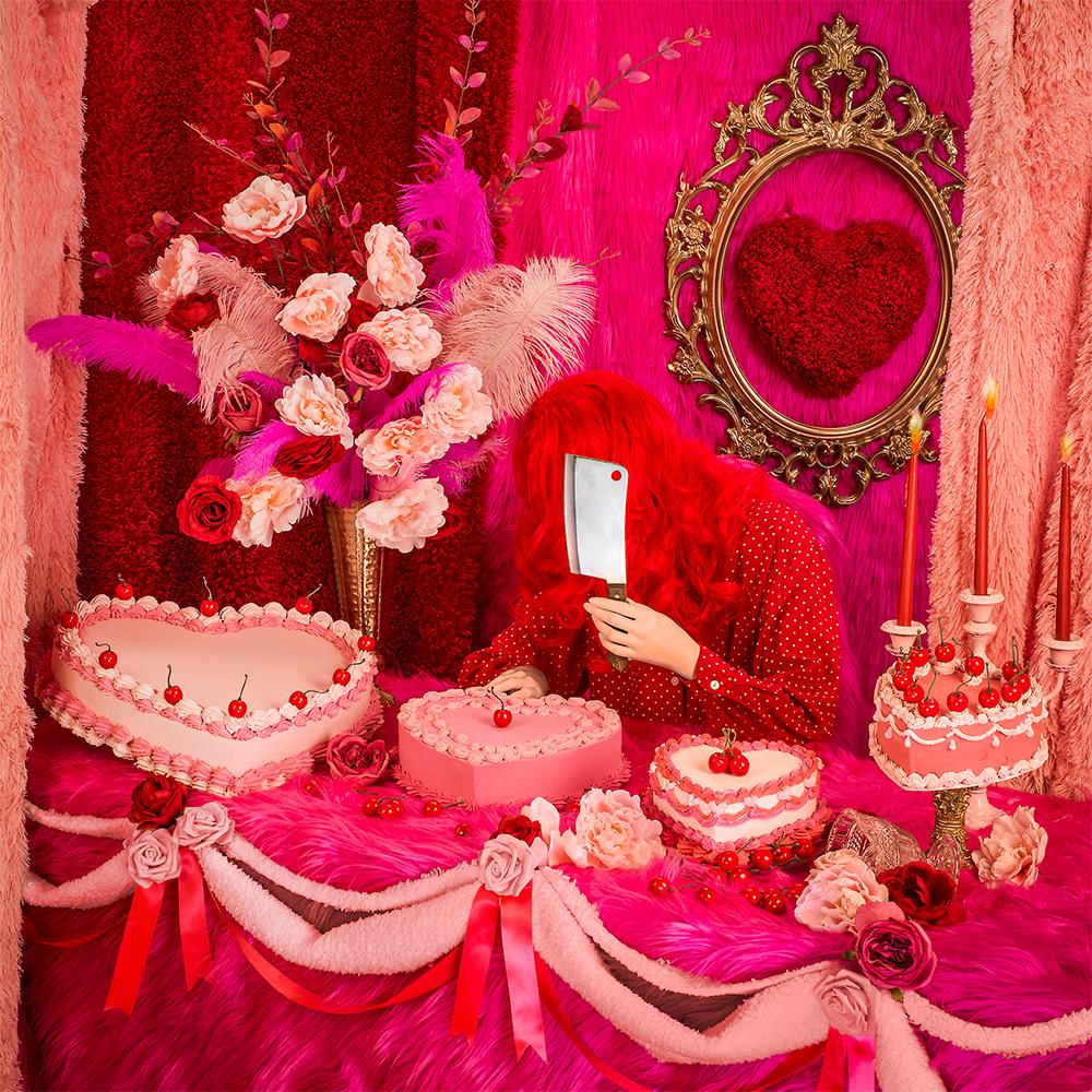 Patty Carroll Color Photograph - Fuzzy Valentine, from the series Anonymous Women - Heart Cakes, Pink, Flowers