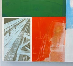 "Chase", Contemporary, Bird, Coyote, Bridge, Red, Green, Blue, Mixed Media (Média mixte)