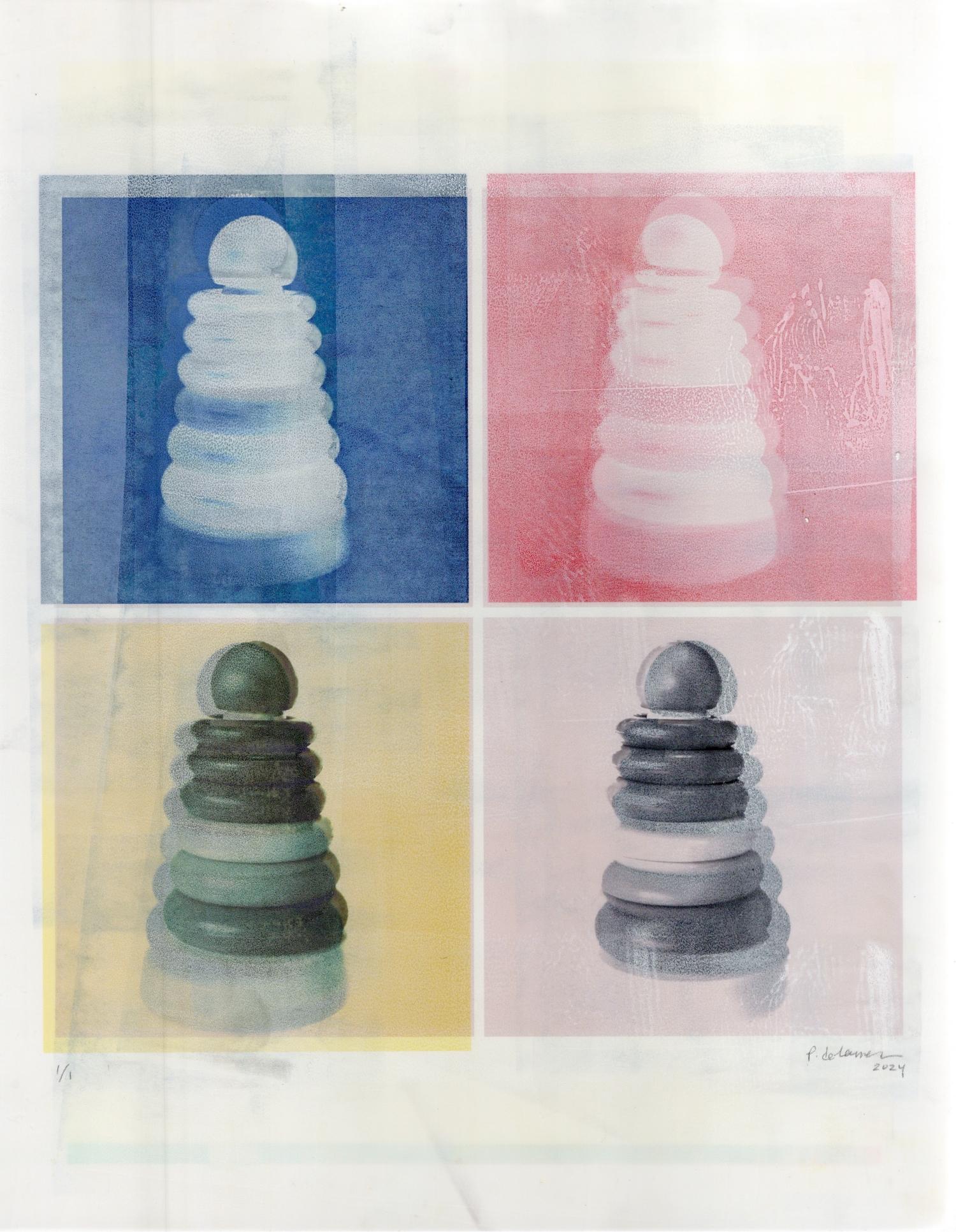 Patty deGrandpre’s “Stacked and Arranged” is a 14 x 11 inch unique mixed media contemporary print depicting 4 iterations of the classic children’s stacking toy presented in a square format in tones of blue, pink, yellow and grey. Consisting of block