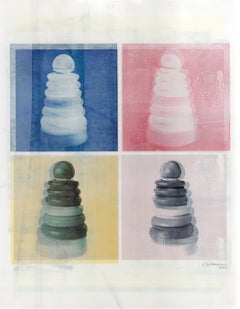"Stacked and Arranged", Contemporary, Toy, Blue, Pink, Yellow, Mixed Media Print