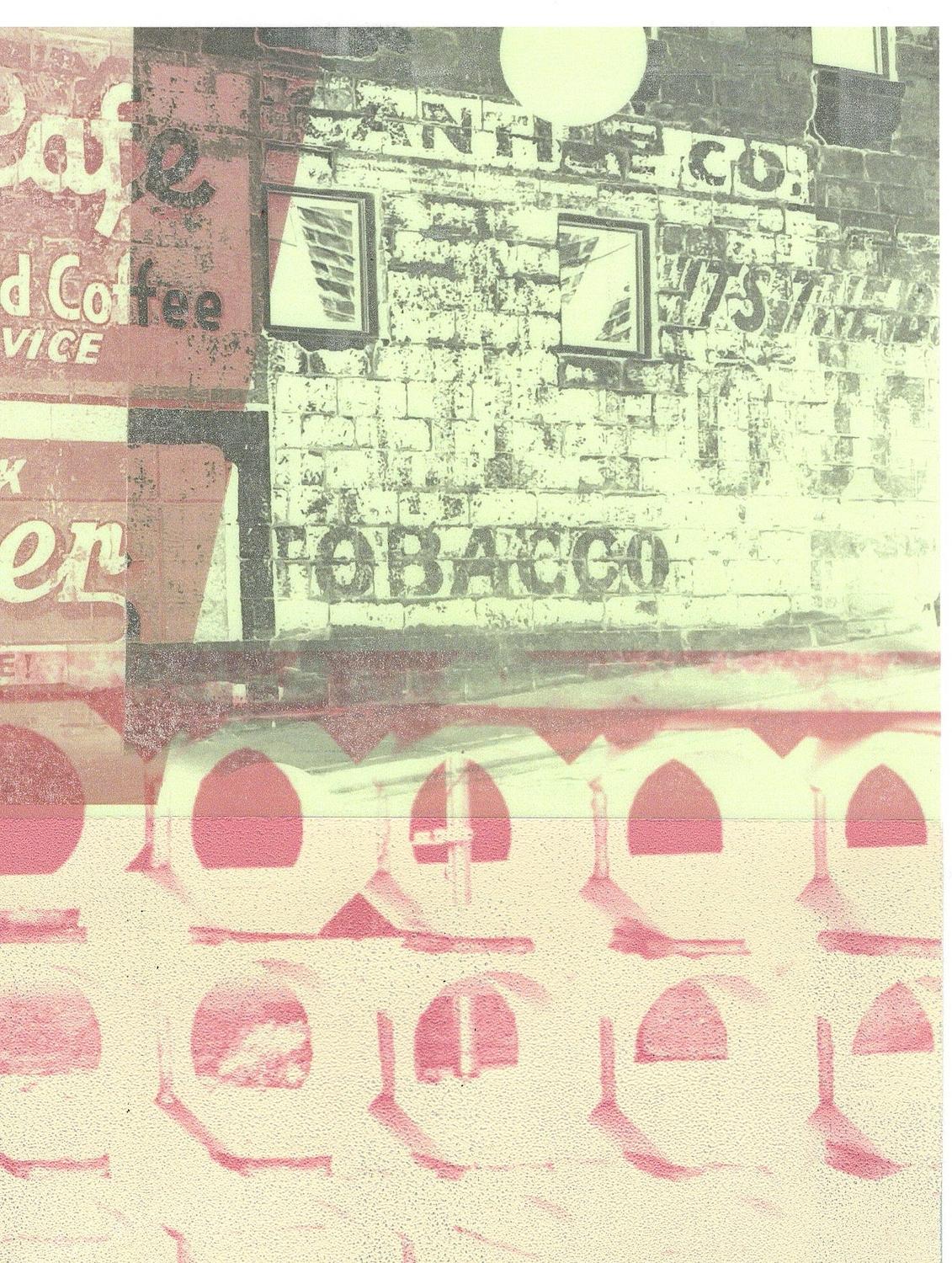 Cropped and deconstructed images of a brick wall with a painted advertisement for a vintage cafe, four sets of mannequin legs, and cement barrier of hexagonal forms are represented on 14 x 11 inch Yupo translucent paper in Patty deGrandpre’s