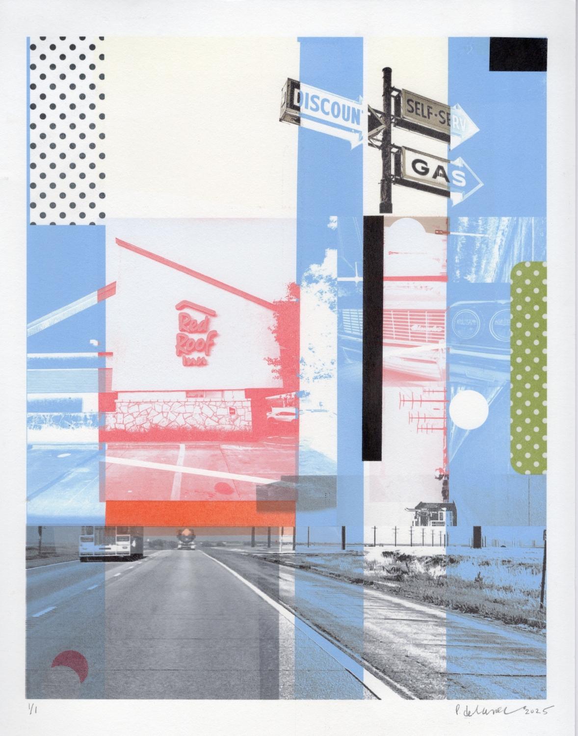 "Stop, Sleep, Gas Up", Contemporary, Vintage, Roadtrip, Blue, Mixed Media Print