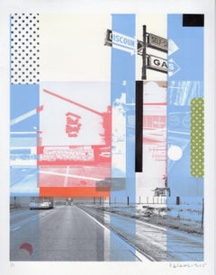 "Stop, Sleep, Gas Up", Contemporary, Vintage, Roadtrip, Blue, Mixed Media Print