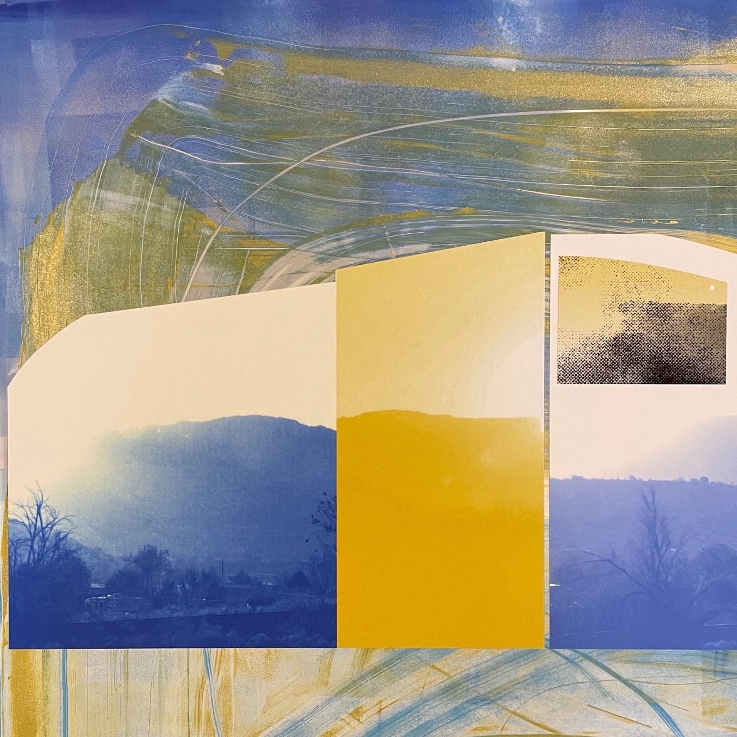 Patty deGrandpre’s “The Long Part of the Drive” is a predominately blue, yellow, and gold unique contemporary abstract landscape represented on a 16 x 20 x 2 inch “Ampersand Claybord” block embracing creative photography, mixed media, and collage.