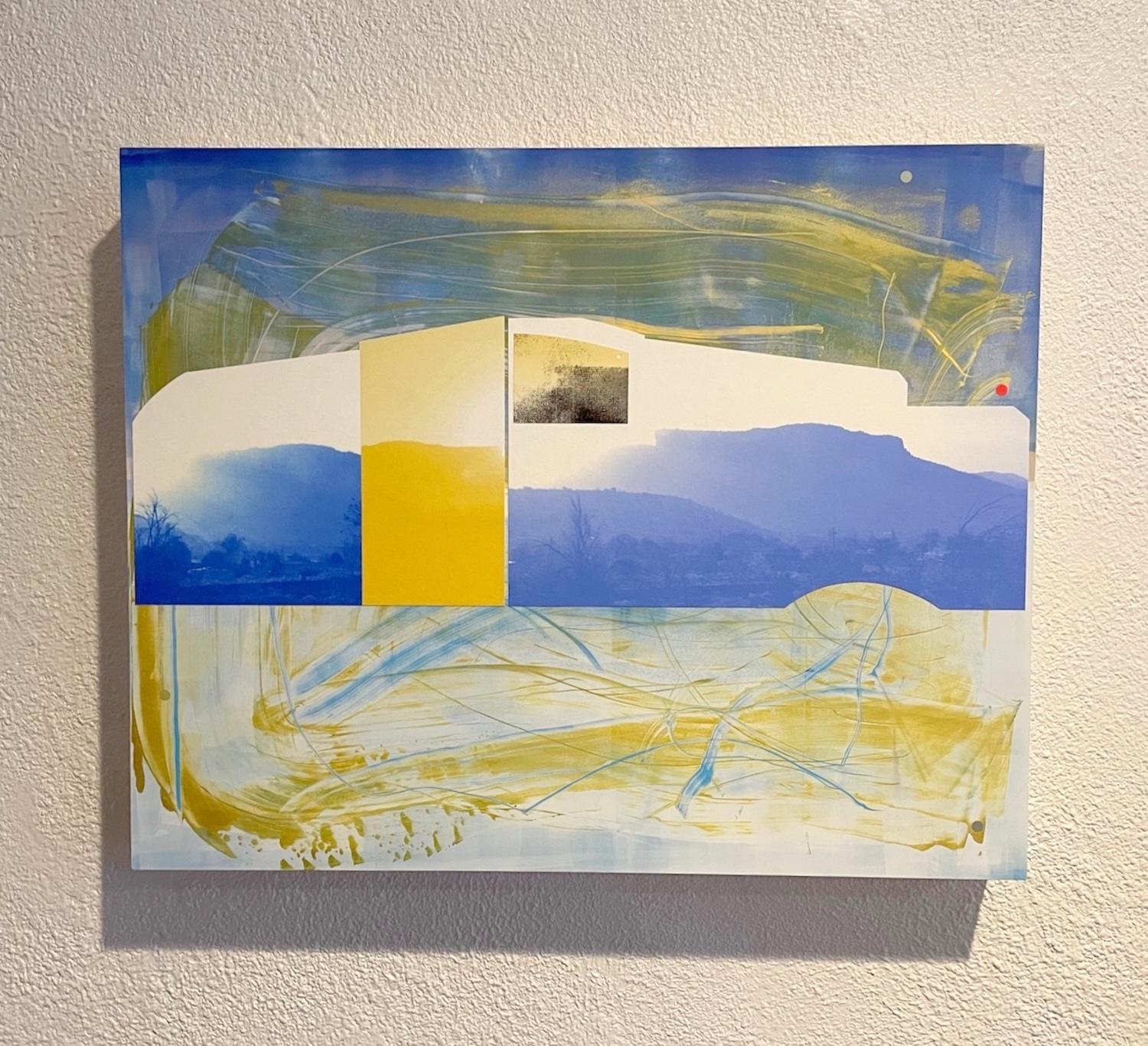 "The Long Part of the Drive", landscape, blue, yellow, gold, abstract, monoprint - Mixed Media Art by Patty deGrandpre