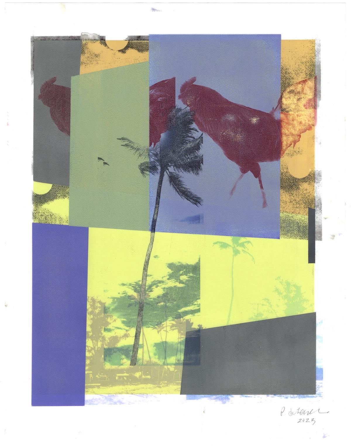 Cropped and deconstructed images of a Kauai beachfront, palm trees and a pair of roosters are represented on 14 x 11 inch Yupo translucent paper in Patty deGrandpre’s contemporary abstract mixed media print titled “Two Roosters Running Amok on Poipu