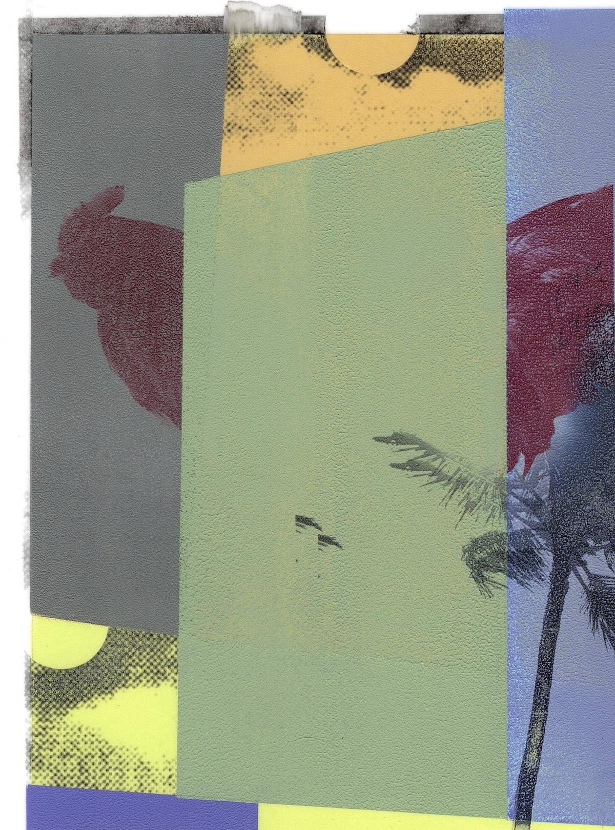 Cropped and deconstructed images of a Kauai beachfront, palm trees and a pair of roosters are represented on 14 x 11 inch Yupo translucent paper in Patty deGrandpre’s contemporary abstract mixed media print titled “Two Roosters Running Amok on Poipu