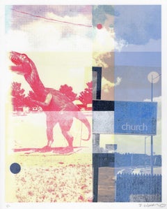 "Up for Discussion", Abstract, Texas, Dinosaur, Church, Mixed Media Print