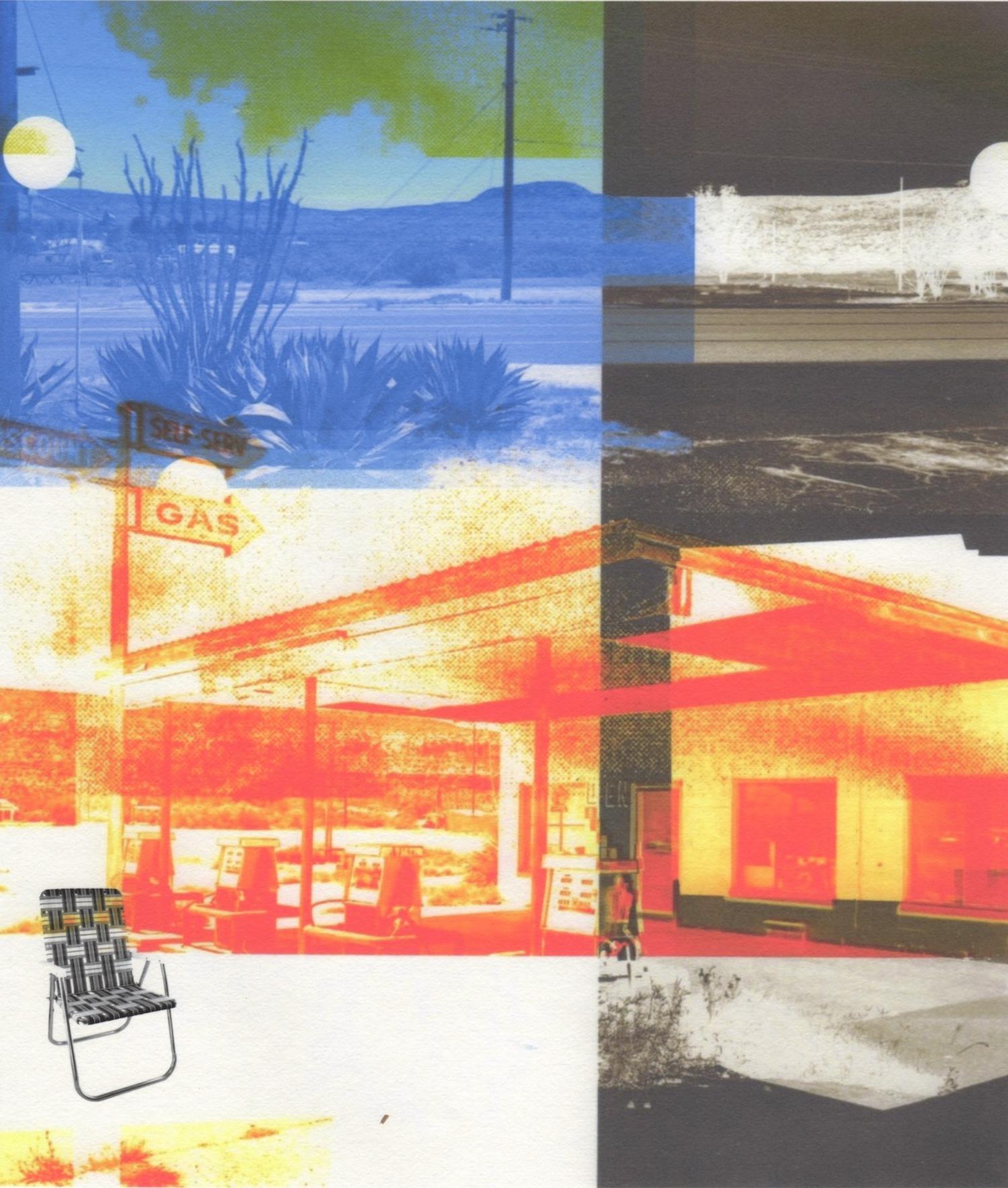 « Abandoned Texas, No Gas but Hot as Hell », abstrait, paysage, bleu, monogravure - Print de Patty deGrandpre