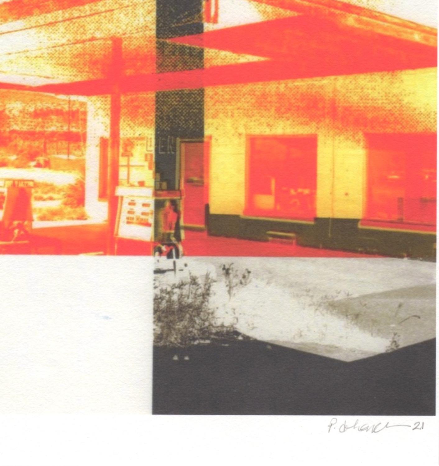 « Abandoned Texas, No Gas but Hot as Hell », abstrait, paysage, bleu, monogravure - Contemporain Print par Patty deGrandpre