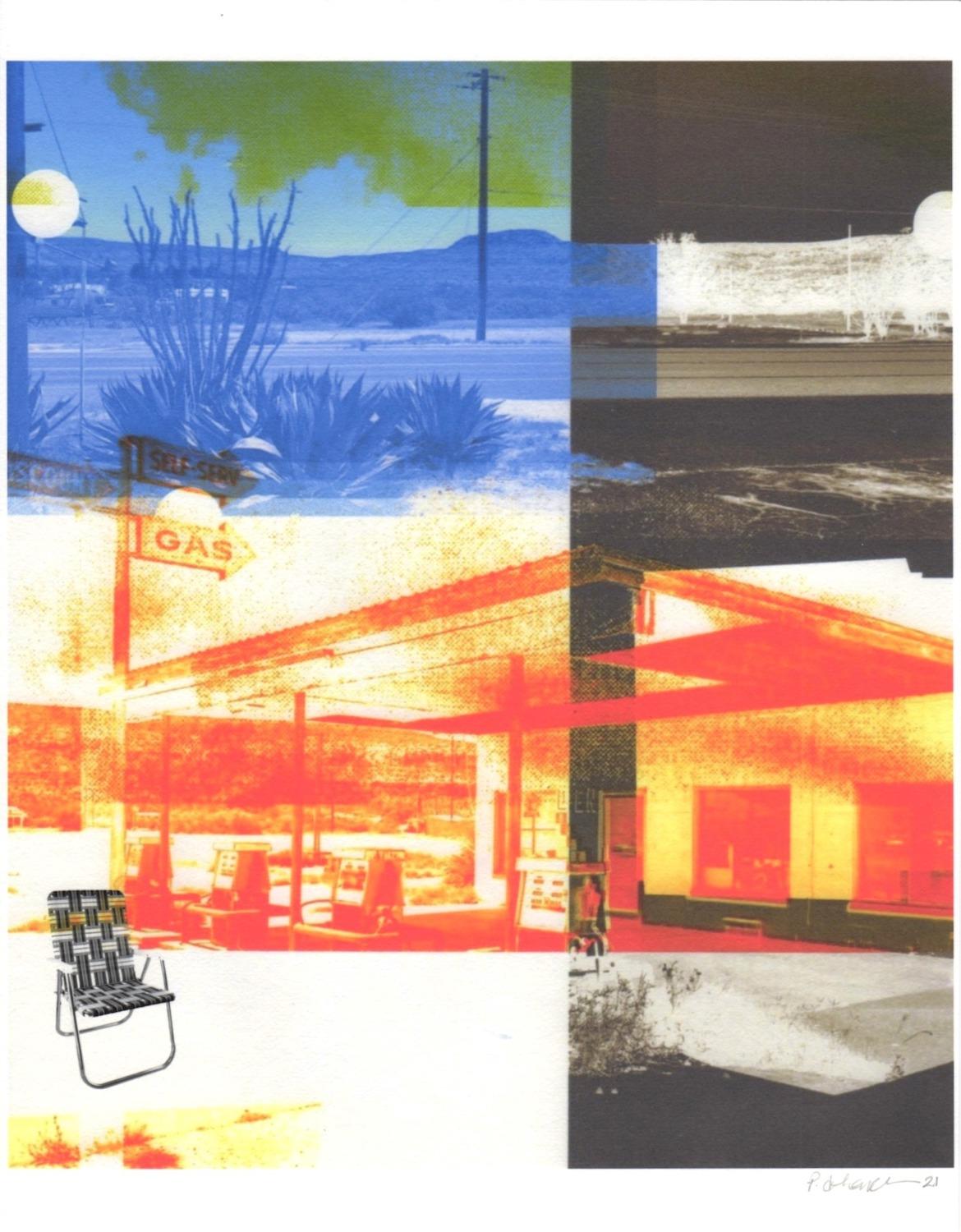 Landscape Print Patty deGrandpre - « Abandoned Texas, No Gas but Hot as Hell », abstrait, paysage, bleu, monogravure