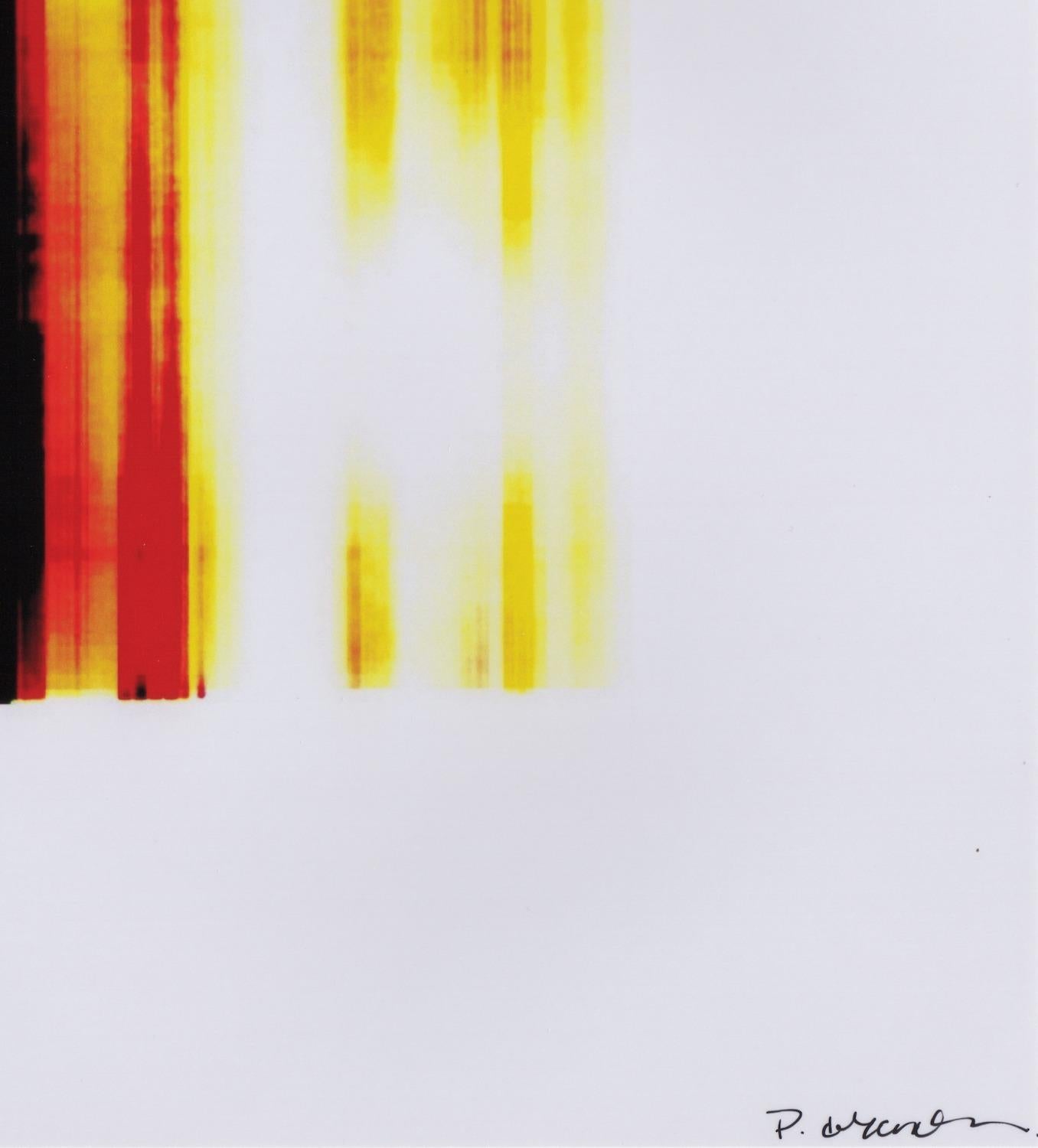 Patty deGrandpre’s “Broken Television 301” is a radiant 4.5 x 4.25 inch abstract unique inkjet digital print with warm hues of yellow, orange, and red offset by a contrasting rectangle of black. The layers and dissolving striations of this print are