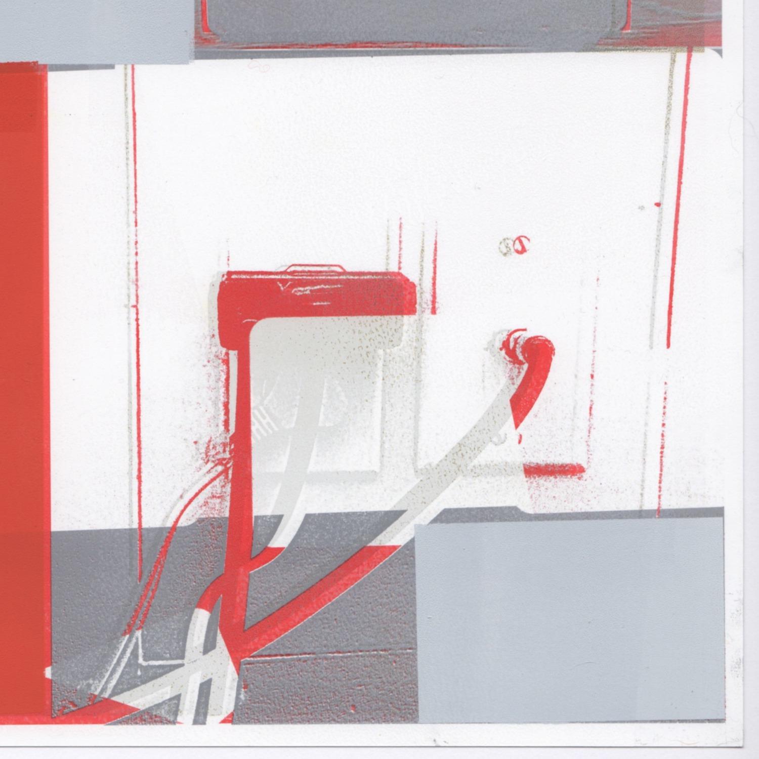 Deconstructed and cropped images of a turntable, a cassette tape, and a mid century modern chair are represented on 12 x 12 inch Red River photo paper in vivid hues of pink, blue and green in Patty deGrandpre’s contemporary abstract monoprint titled