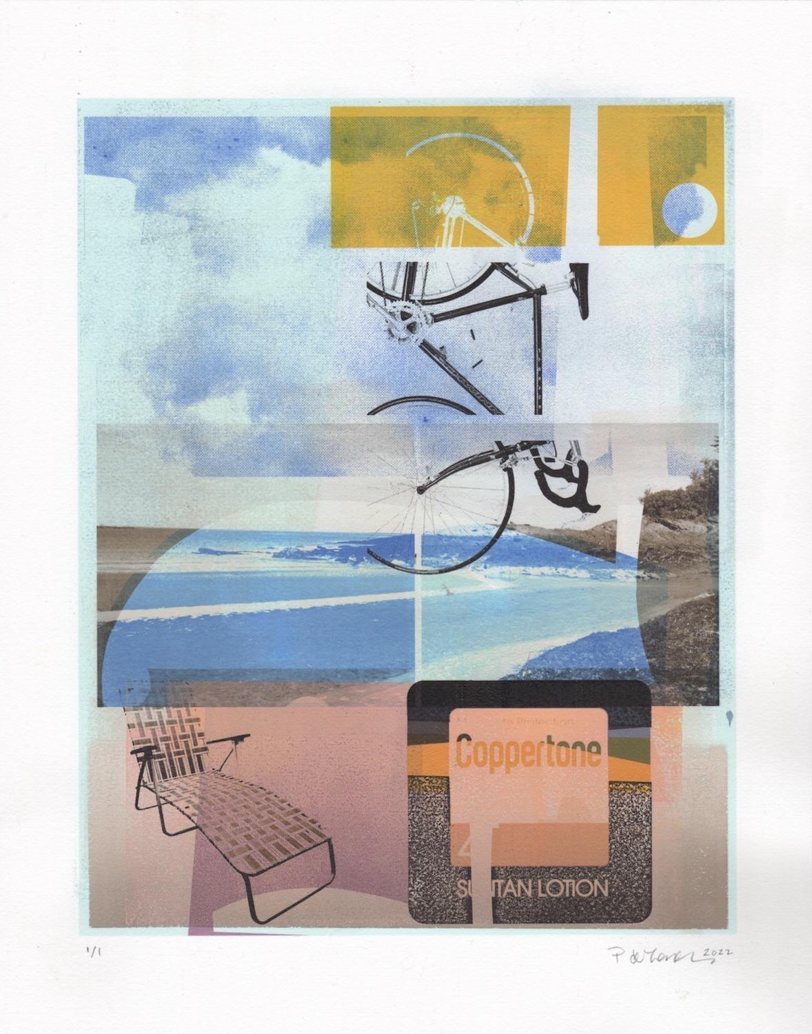 Patty deGrandpre Landscape Print - "Coppertone", abstract, landscape, bicycle, beach, blue, sepia, orange, print