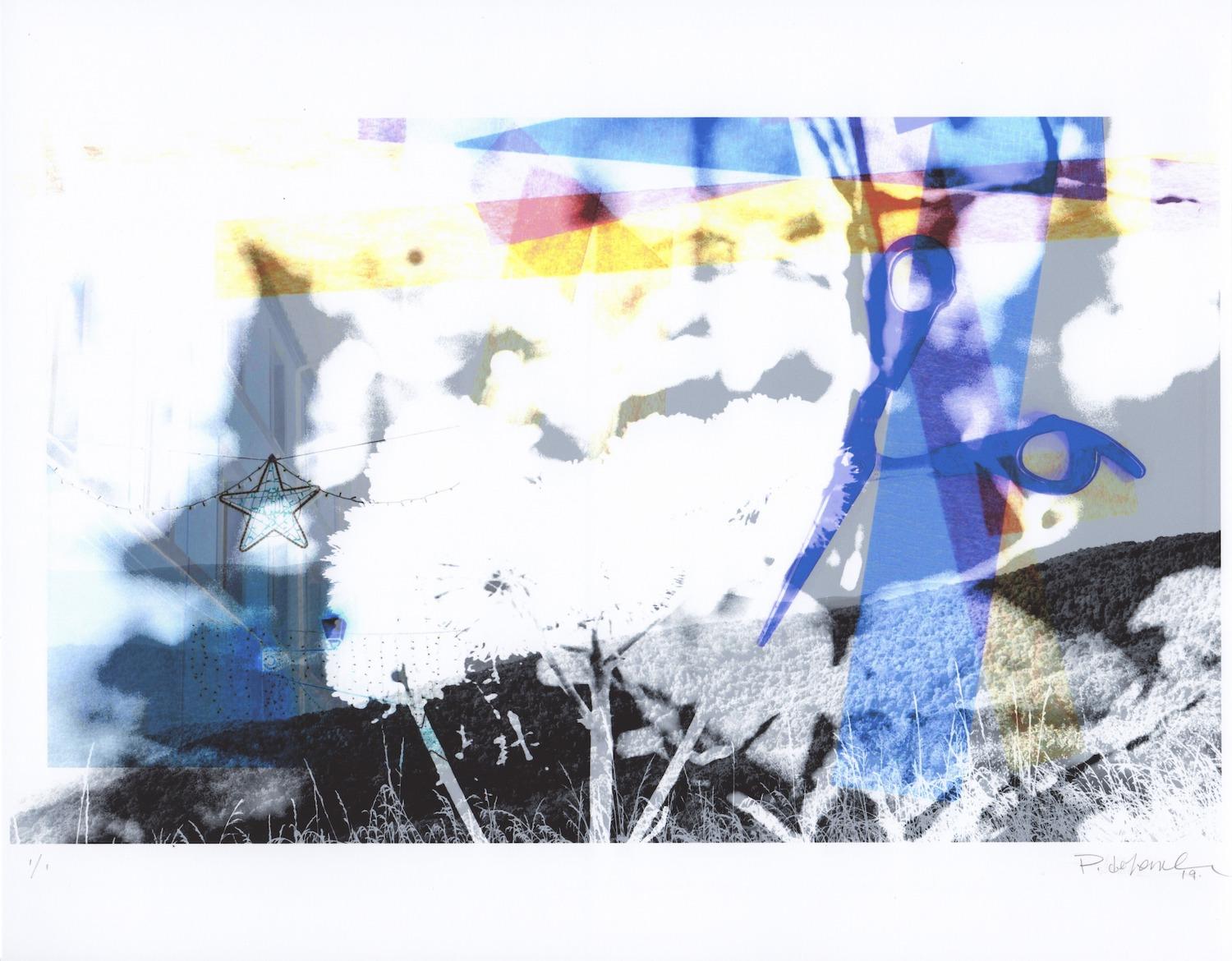 "Fresh Cut Flowers", contemporary, scissors, landscape, blue, white, print - Print by Patty deGrandpre