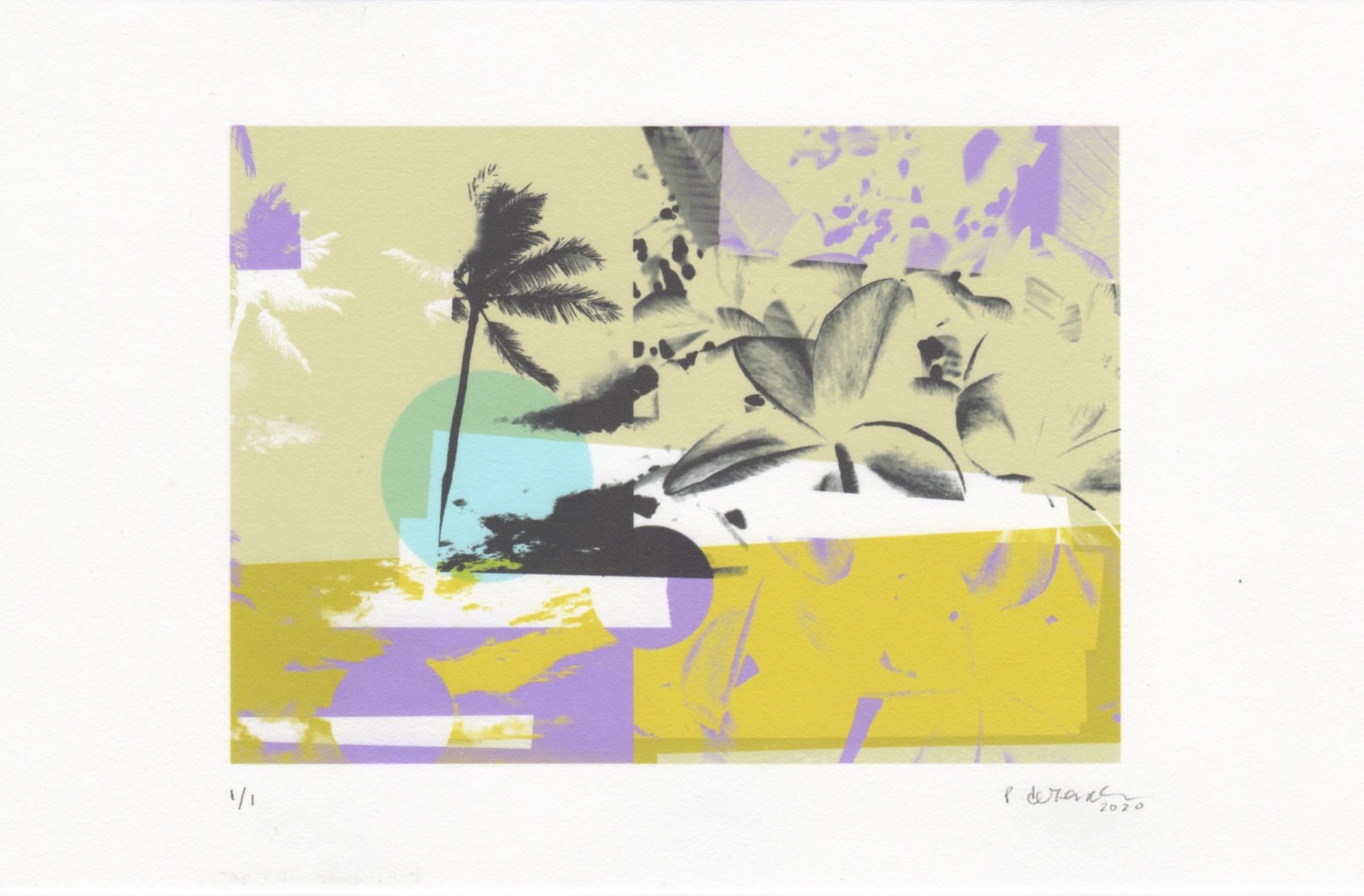 „Greetings from Hawaii“, abstrakt, Architektur, Flora, gelb, grün, Druck – Print von Patty deGrandpre