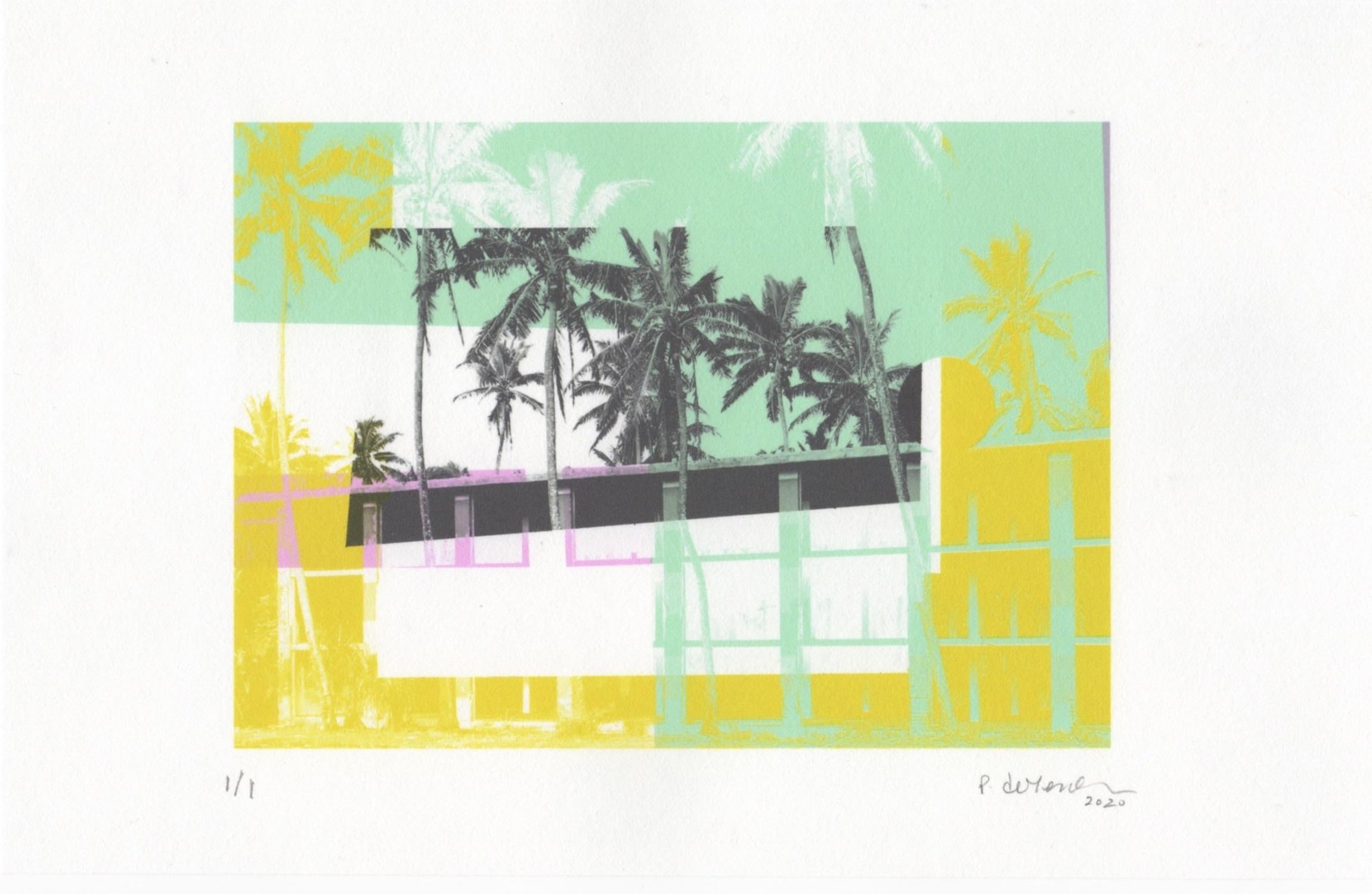 „Greetings from Hawaii“, abstrakt, Architektur, Flora, gelb, grün, Druck (Zeitgenössisch), Print, von Patty deGrandpre