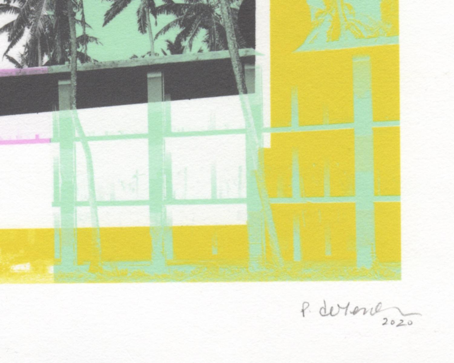 „Greetings from Hawaii“, abstrakt, Architektur, Flora, gelb, grün, Druck im Angebot 1