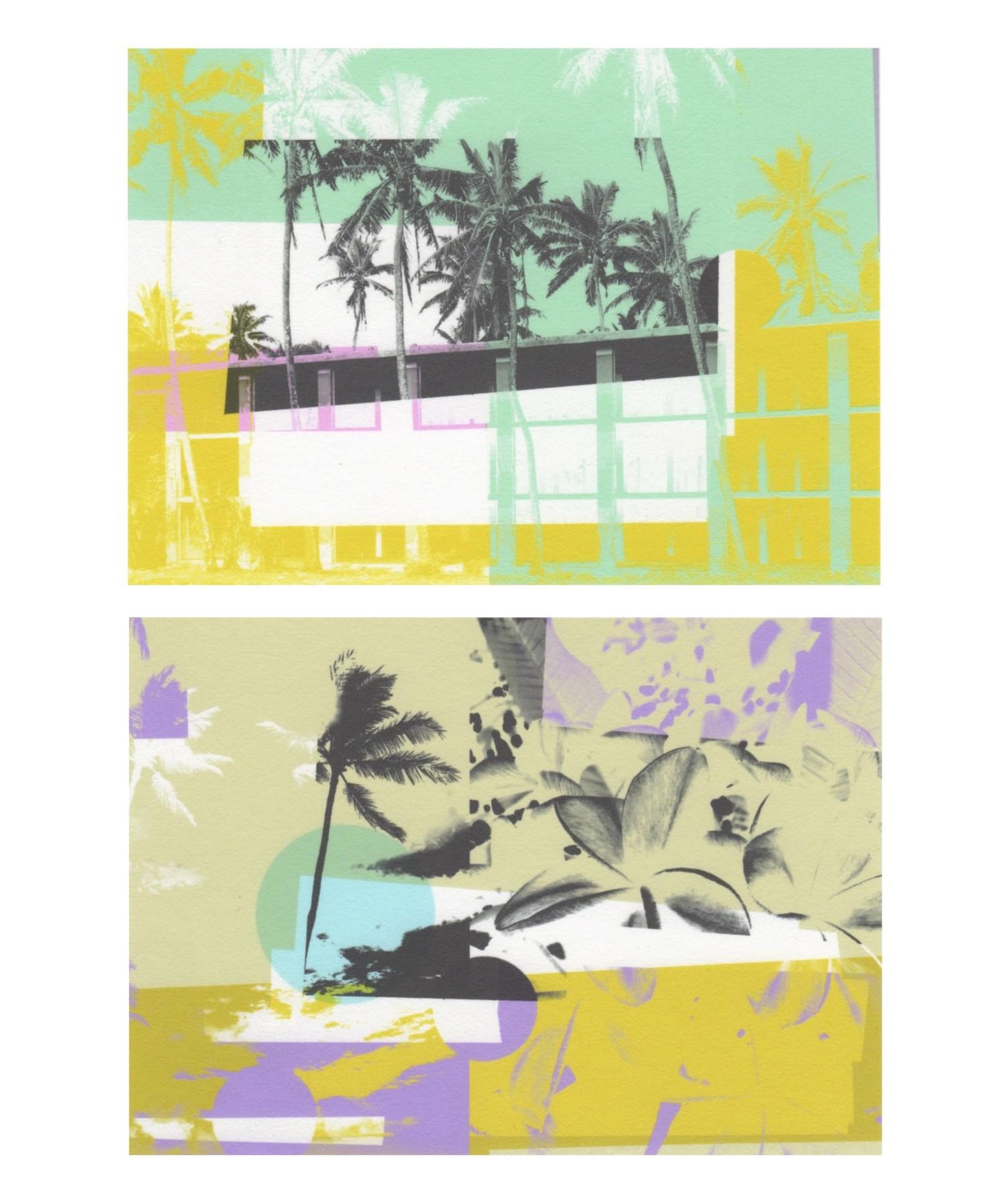 Patty deGrandpre Landscape Print – „Greetings from Hawaii“, abstrakt, Architektur, Flora, gelb, grün, Druck