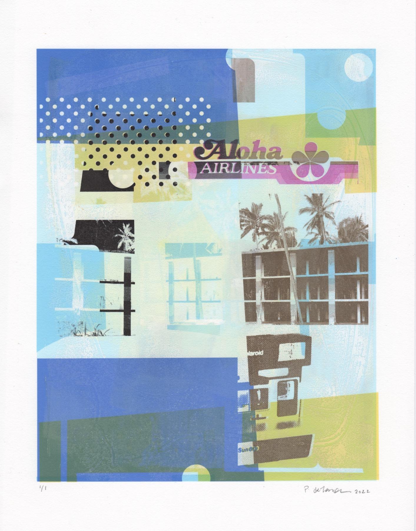 Patty deGrandpre Abstract Print - "Hello & Goodbye (Flight to Hawaii)", abstract, Hawaii, blue, yellow, monoprint