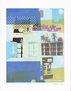 "Hallo & Auf Wiedersehen (Flug nach Hawaii)", abstrakt, Hawaii, blau, gelb, Monoprint