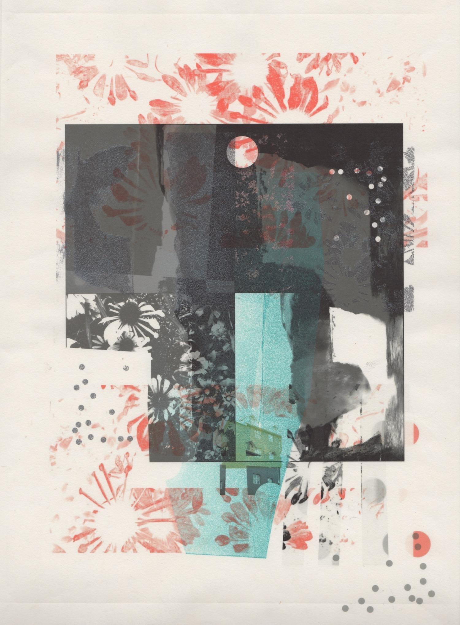 Patty deGrandpre Abstract Print - "If You Cut Through Their Yard, You Can See the Small Green House", monoprint 