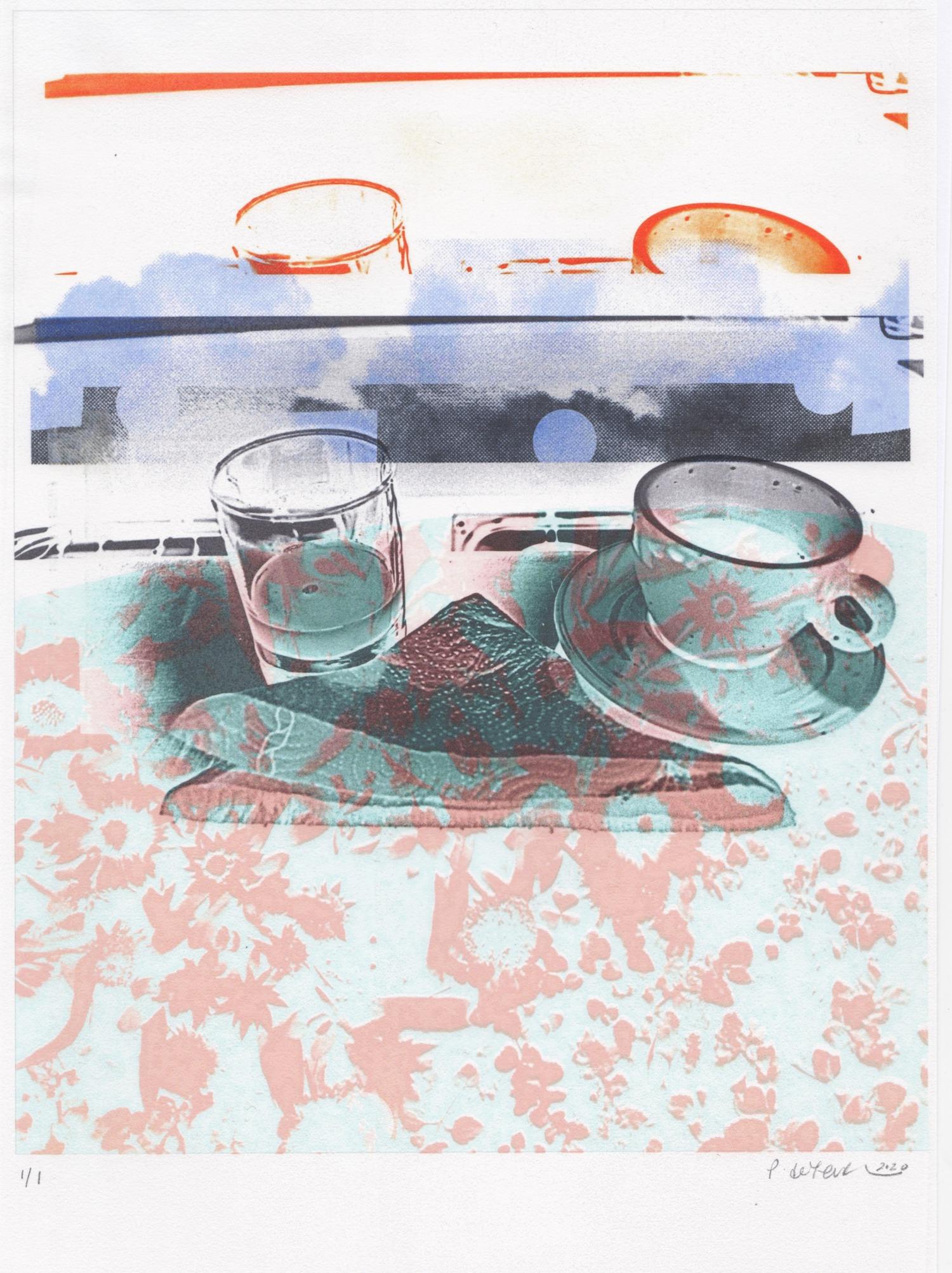 "Juice & Coffee (at the Table)", abstract, cup, pink, turquoise, photography - Print by Patty deGrandpre