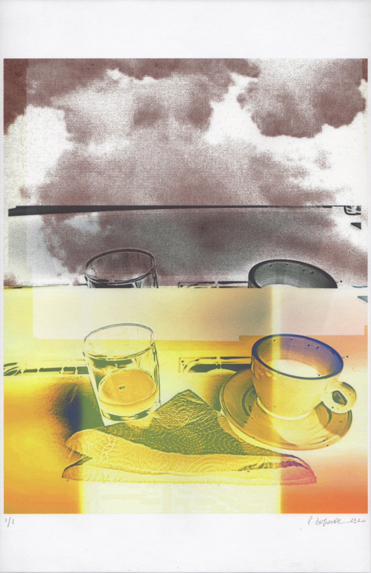 "Juice & Coffee", abstract, cup, warm yellows, violet, sepia, photography - Print by Patty deGrandpre
