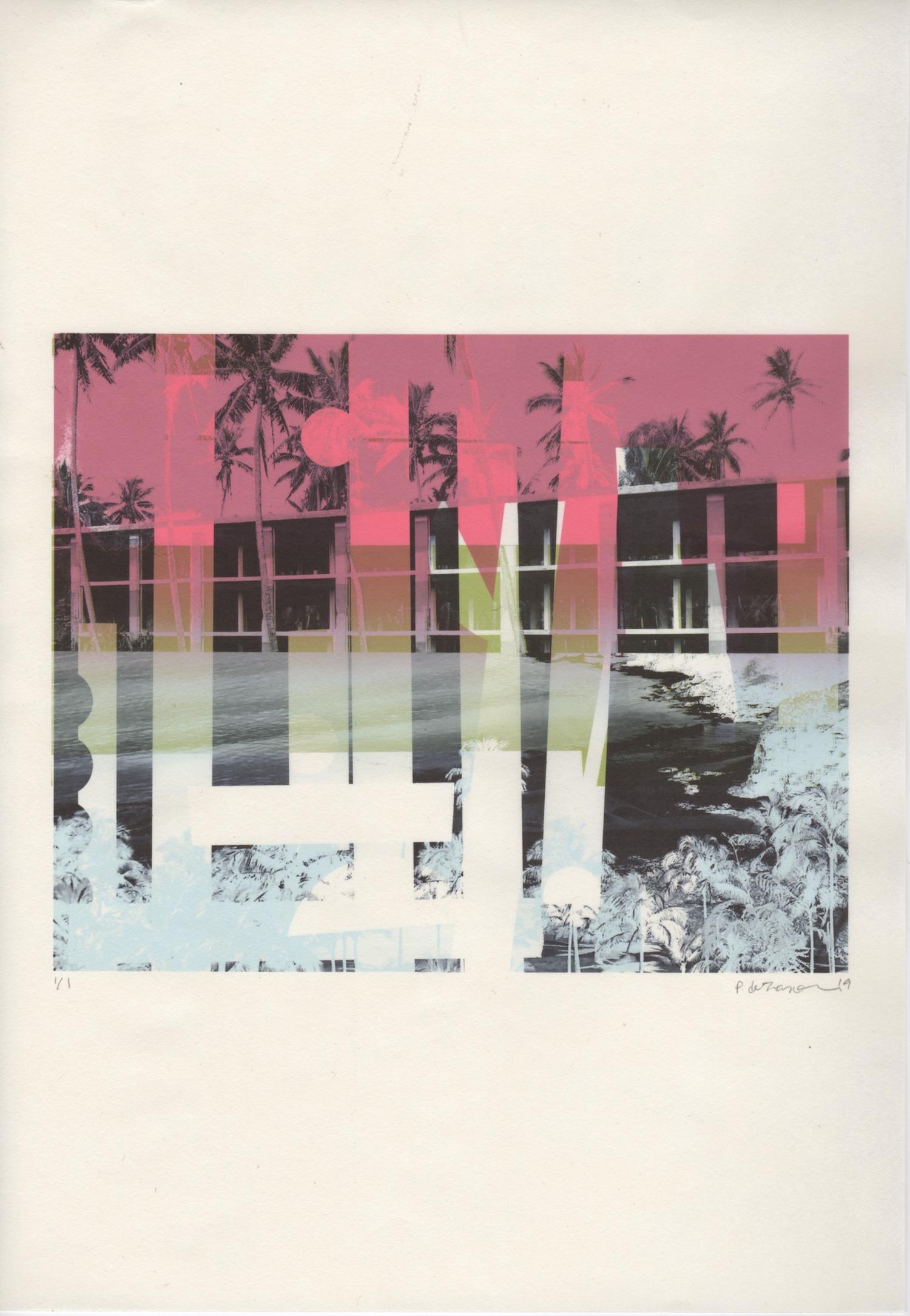 Patty deGrandpre Abstract Print - "Kauai, Deserted", abstract, architecture, magenta, gray, blue, black, print