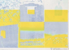 "Life is Full", Abstract Landscape, Blue, White, Yellow, Mixed Media Print