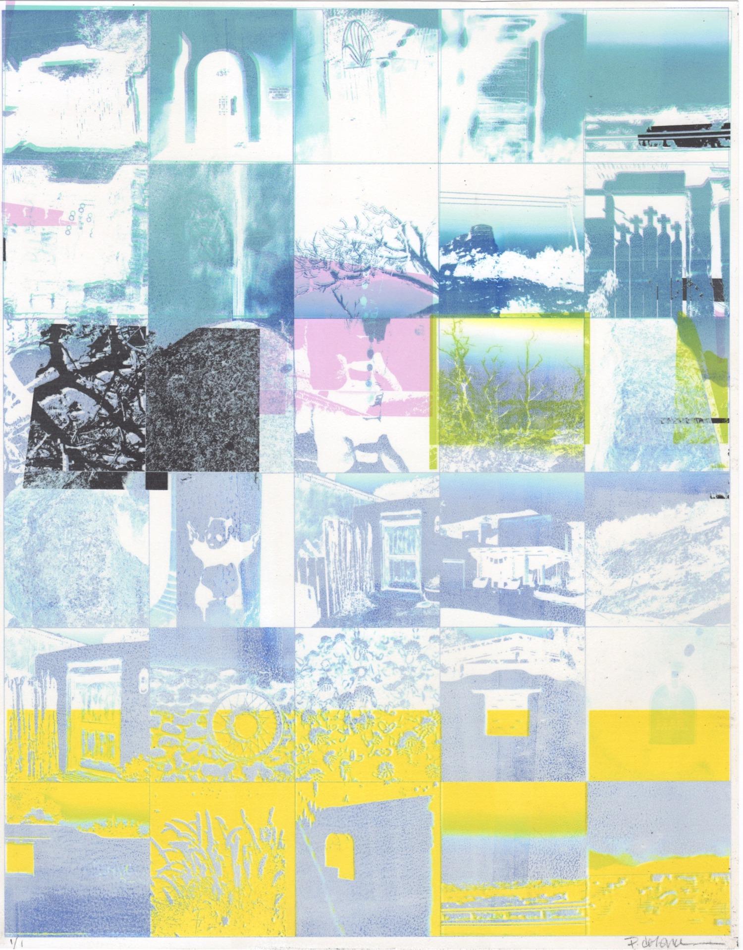 "Life is Full", abstract, landscape, blue, white, yellow, pink, mixed media