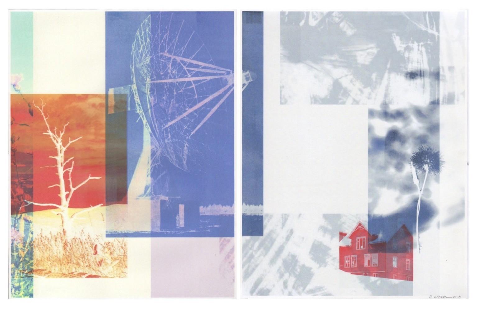 "Looking for a Signal", abstract, diptych, blue, red, mixed media, inkjet print