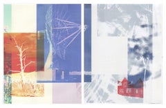 "Looking for a Signal", mixed media, inkjet print, diptych, blue, red, grey