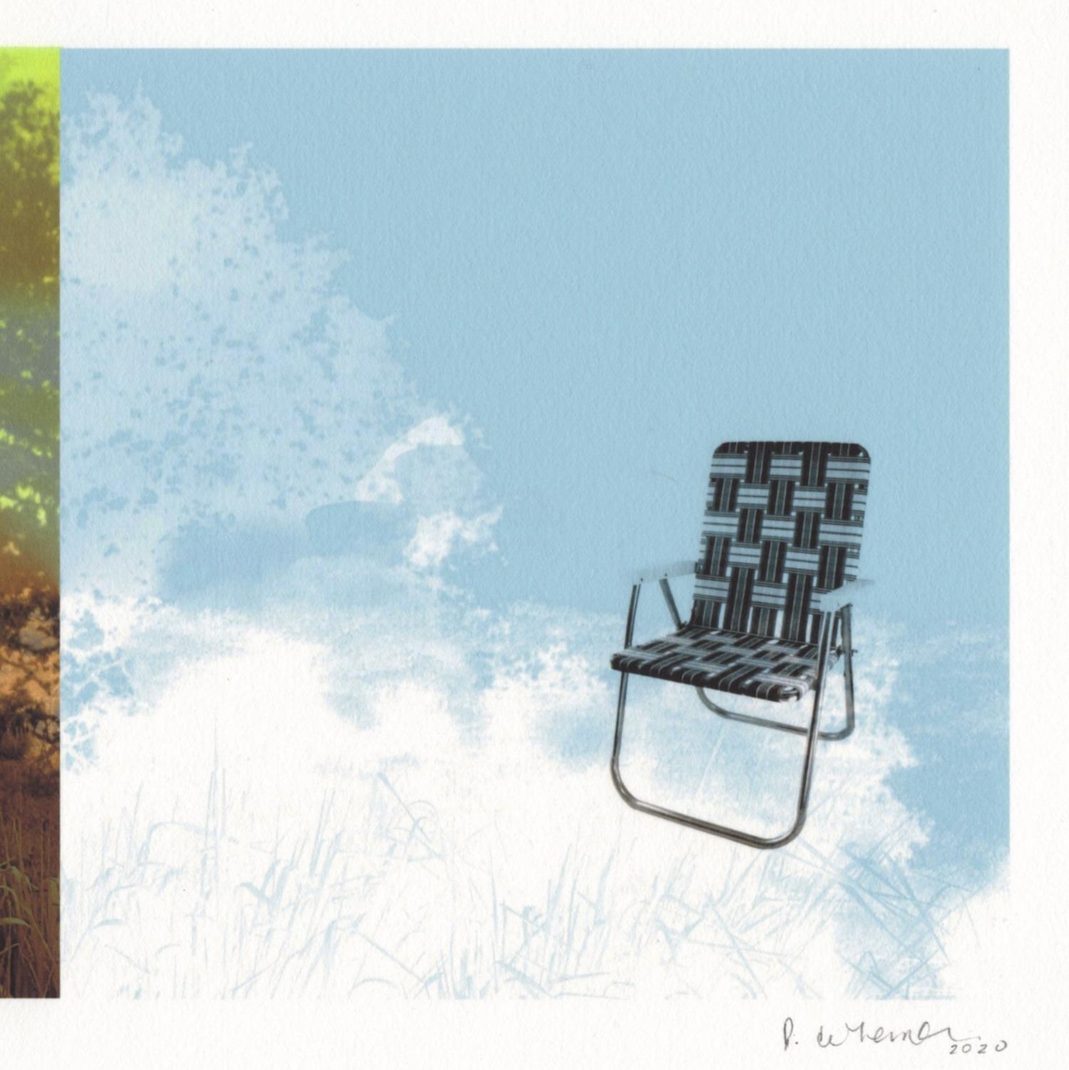 « Outside In », abstrait, arbre, paysage, chaise, vert, sépia, bleu, photo, impression - Blanc Abstract Print par Patty deGrandpre