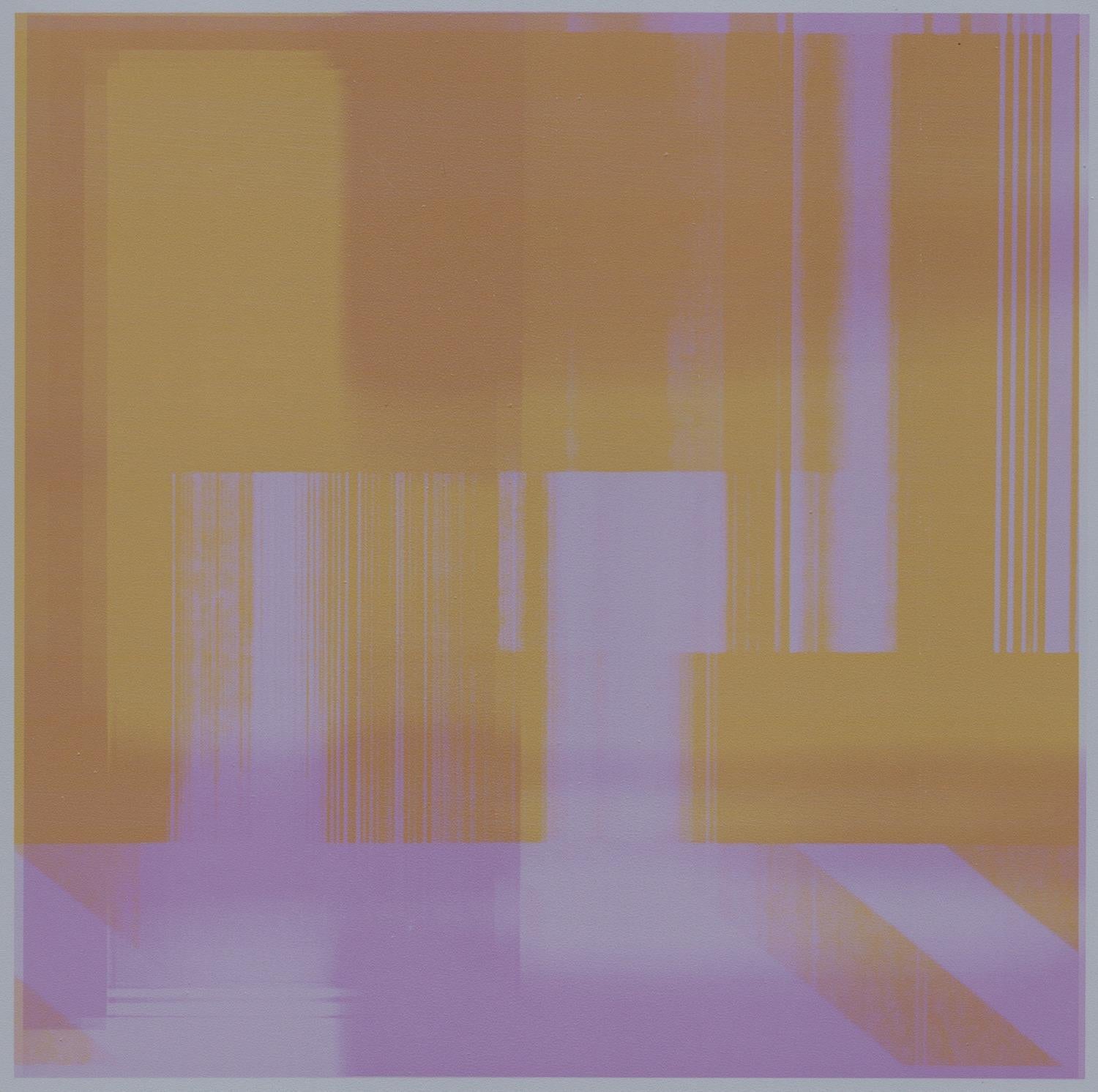 Patty deGrandpre’s “Passing Through” is a one of a kind eloquent 13 x 11.5 inch abstract monoprint . Striations and fields of warm pinks and oranges are inkjet printed in layers onto drafting film that has been coated with cool silver grey metallic