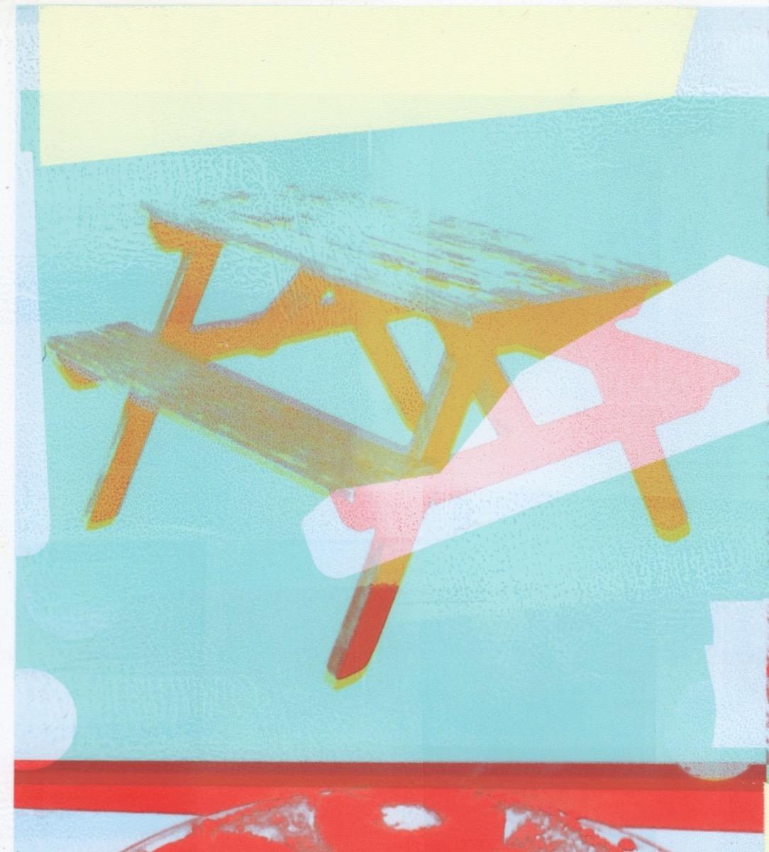 Le immagini decostruite e ritagliate di un tavolo da picnic, di una sedia da giardino, di fiori e di un ananas a testa in giù sono rappresentate nella monoprint a tecnica mista contemporanea di Patty deGrandpre, 12 x 12 pollici, intitolata 
