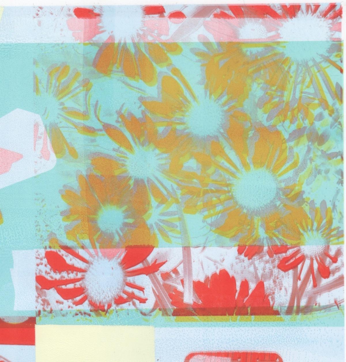 Deconstructed and cropped images of a picnic table, a lawn chair, flowers, and a pineapple upside cake are represented in Patty deGrandpre’s 12 x 12 inch contemporary mixed media monoprint titled “Picnic”. Hues of vivid red, yellow, blue, and black