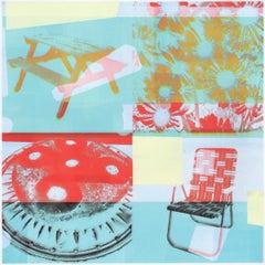 "Picnic", contemporary, flowers, cake, red, yellow, blue, print, mixed media