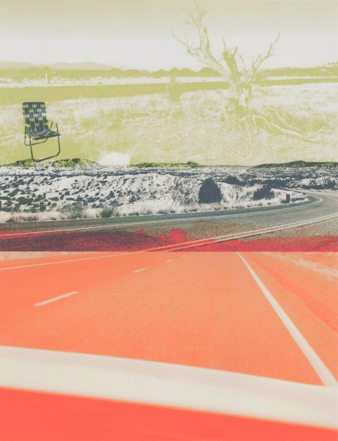 « Red Road Black Chair », photographie, paysage, sud-ouest, vert, monogravure - Print de Patty deGrandpre
